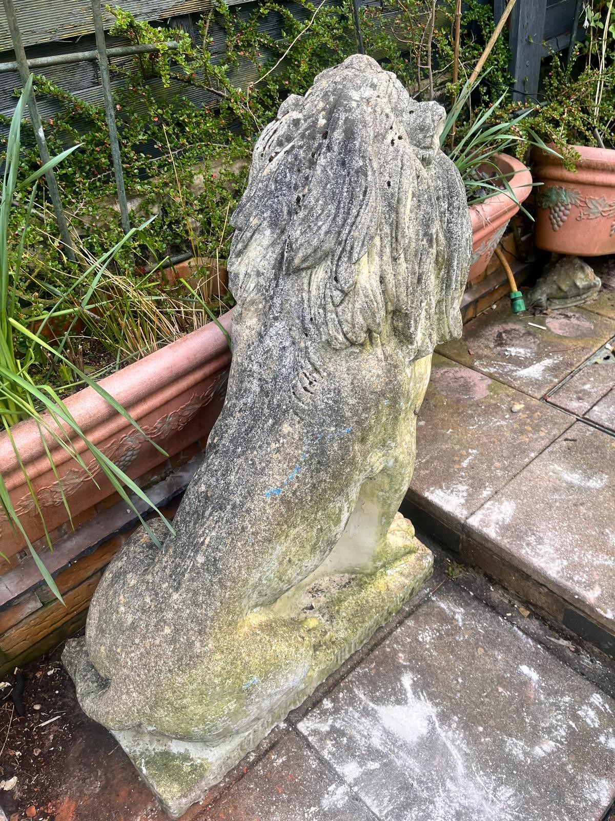 A PAIR OF WEATHERED COMPOSITE SEATED GARDEN LIONS, on a square plinth base, width 35cm x depth - Image 10 of 10