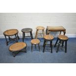 A SELECTION OF STOOLS, of various ages and styles, to include a circular and oval bergère stool,