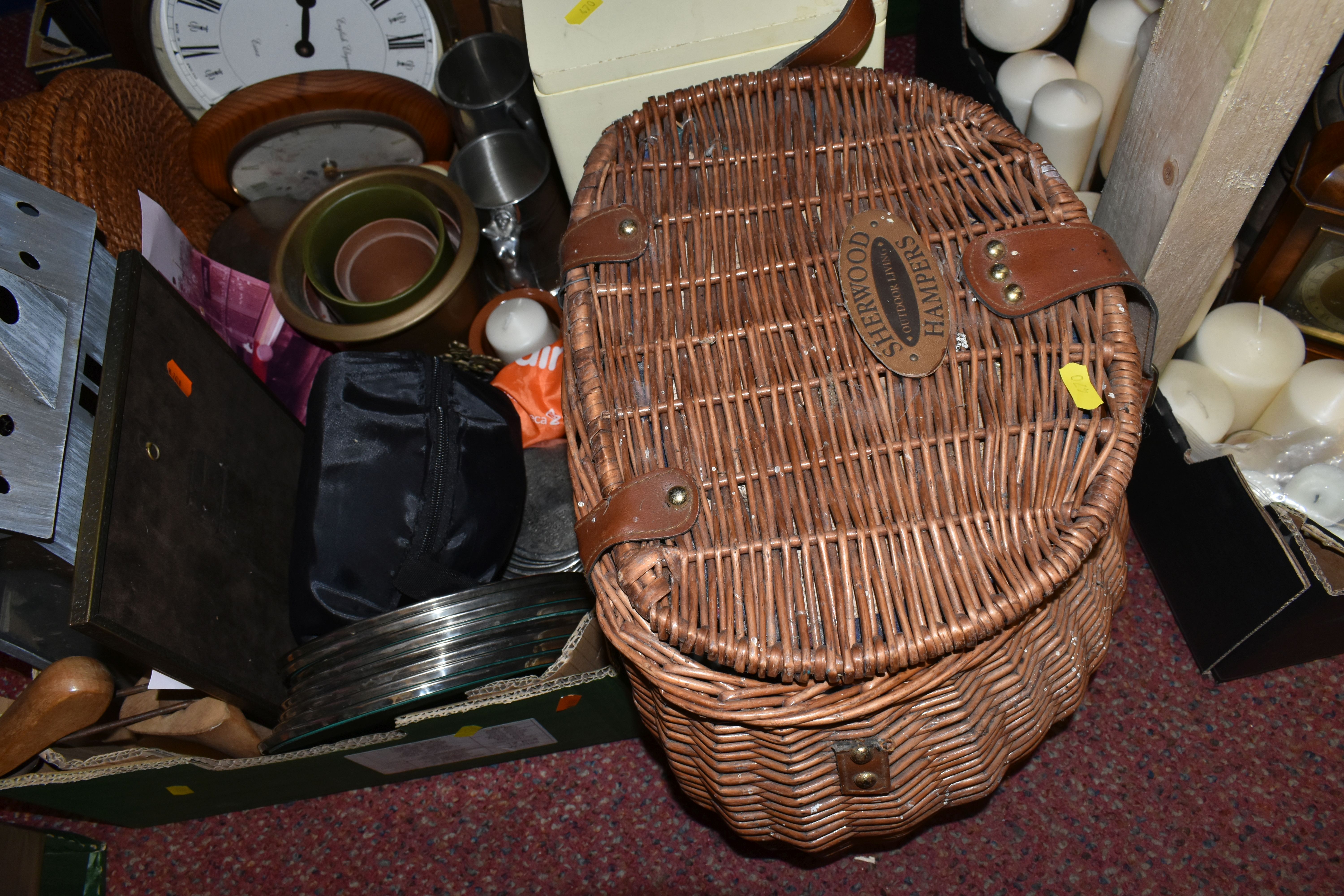SIX BOXES AND LOOSE MISCELLANEOUS HOME WARES, to include a Sherwood Hampers creel style hamper - Image 2 of 8