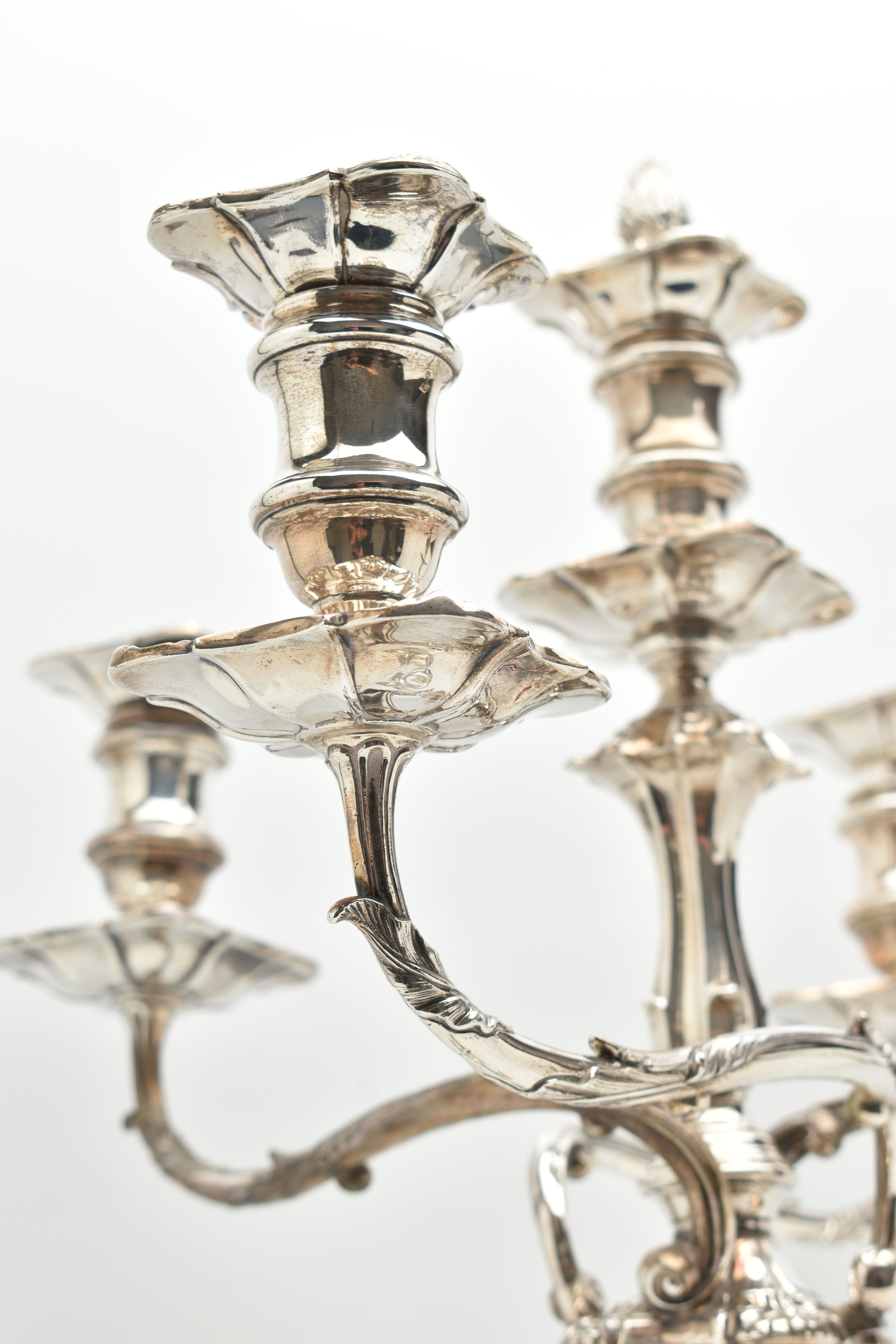 A GEORGE V SILVER FIVE LIGHT CANDELABRUM IN GEORGE II STYLE, with removable shaped square drip pans, - Image 10 of 13