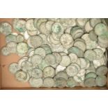 A CARDBOARD BOX OF OVER 2000 GRAMS OF .500 FINE MIXED SILVER COINS (condition report: require some