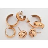 AN ASSORTMENT OF EARRINGS, the first a pair of yellow gold knot stud earrings, hallmarked 9ct