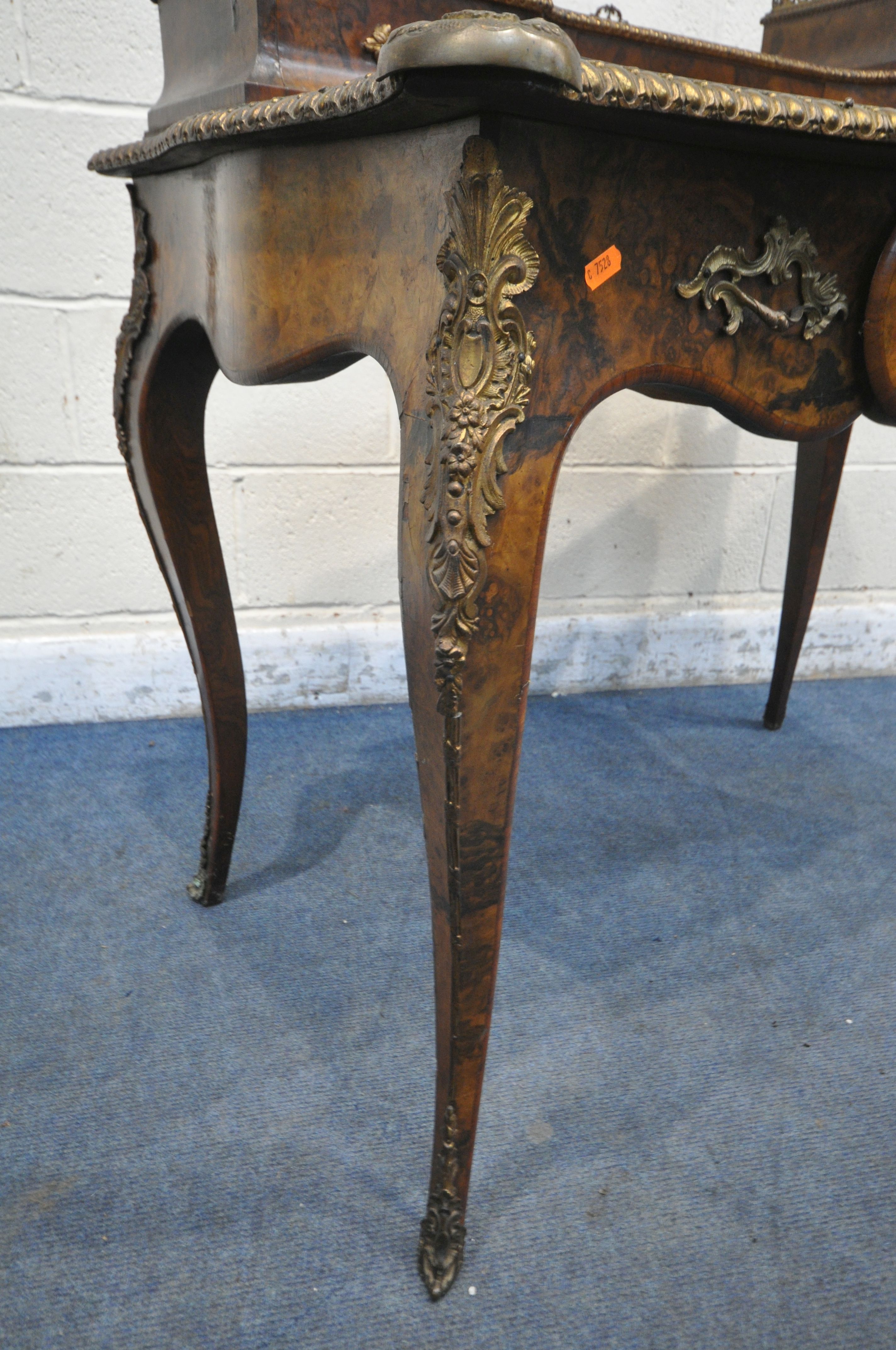 A VICTORIAN BURR WALNUT AND ROSEWOOD CROSSBANDED LADIES WRITING TABLE, with gilt brass mounts, the - Image 7 of 7