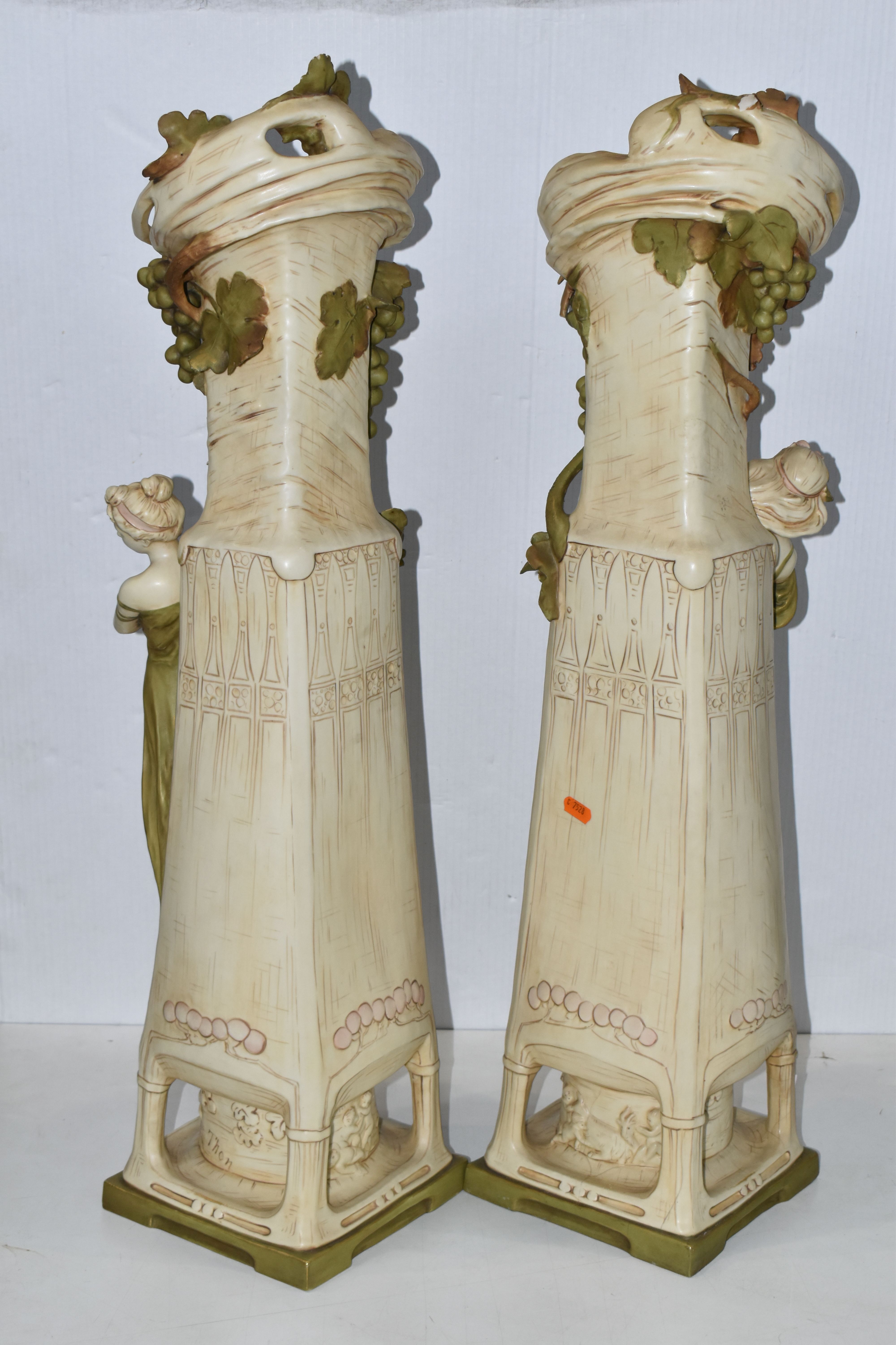 A PAIR OF ROYAL DUX ART NOUVEAU FIGURAL VASES, each modelled with a scrolling neck with fruiting - Image 15 of 21