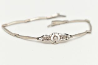 A DIAMOND BRACELET, the central openwork panel set with an old cut diamond flanked by three rose cut