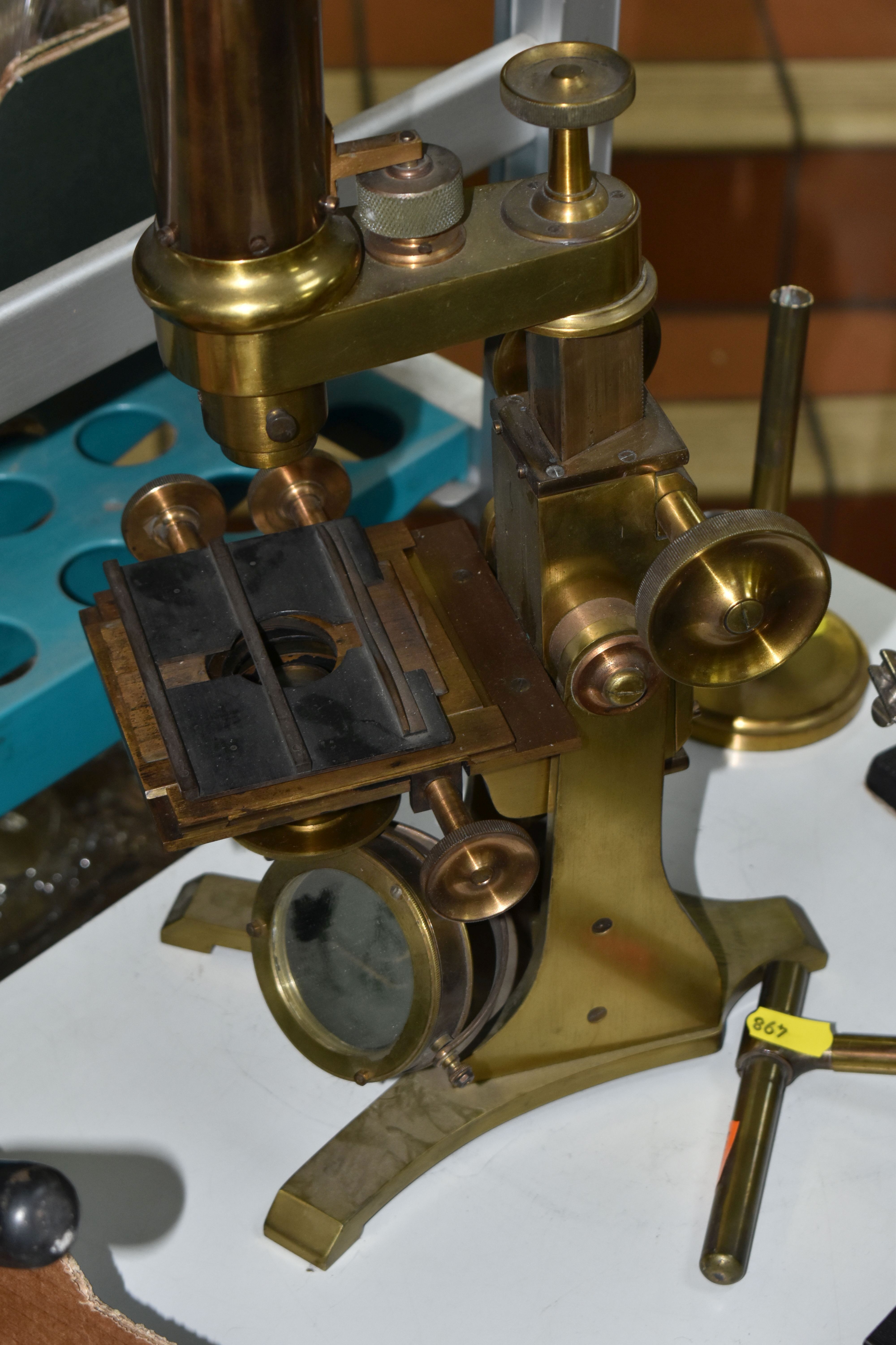 A LARGE BRASS VICTORIAN MICROSCOPE AND OTHER OPTICAL EQUIPMENT, a large double eyepiece microscope - Image 6 of 8
