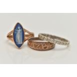 THREE RINGS, to include a 9ct rose gold wedgwood cameo ring, of a marquise form, bifurcated