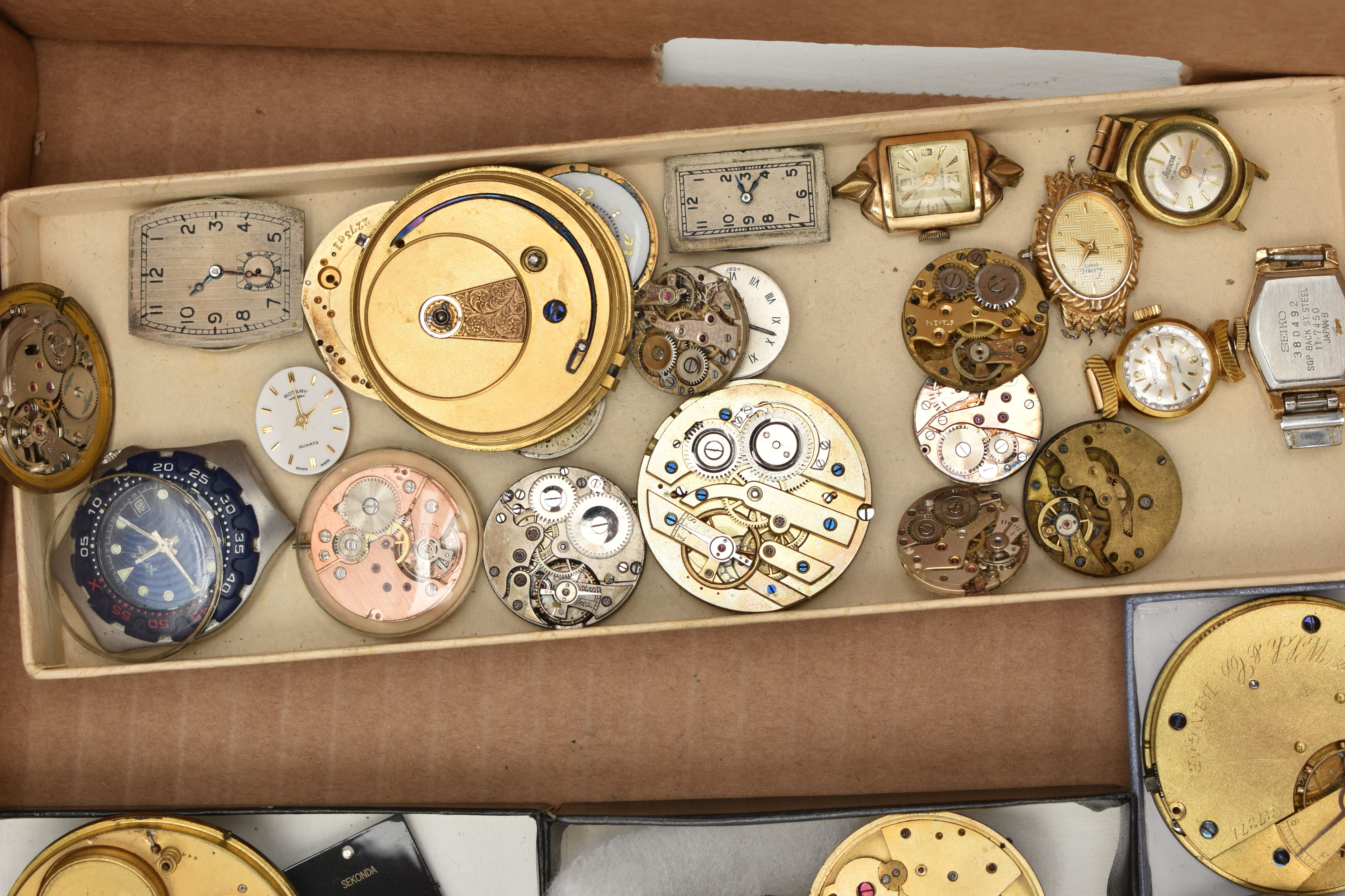 A BOX OF ASSORTED WATCH PARTS, to include a large selection of watch movements, names to include - Image 11 of 11