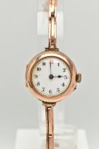 AN EARLY 20TH CENTURY LADIES WRISTWATCH, hand wound movement, round dial, Arabic numerals, rose gold