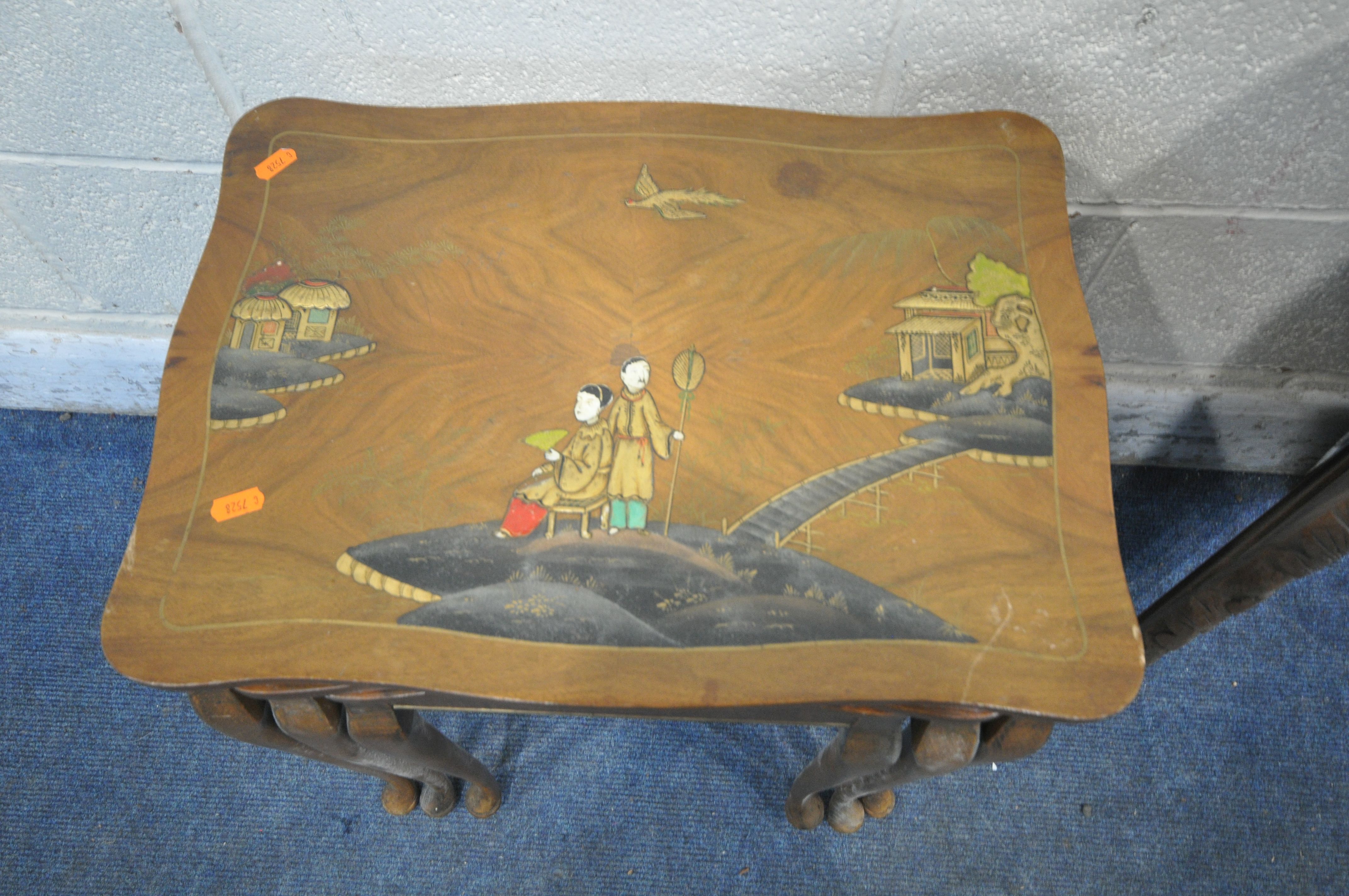 A CHINOISERIE WALNUT NEST OF THREE TABLES, largest table width 49cm x depth 36cm x height 55cm, - Image 4 of 4