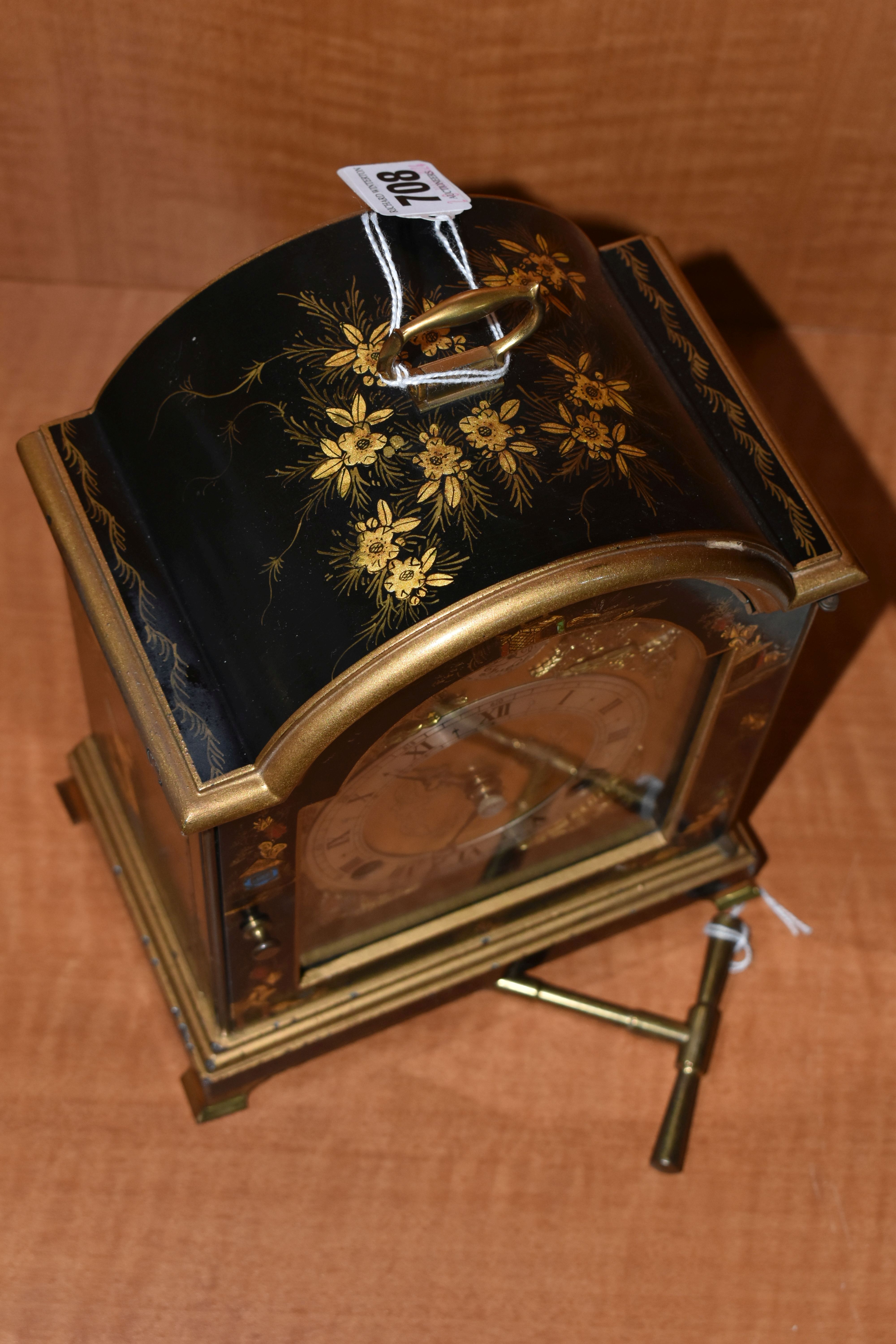 A MODERN ELLIOTT OF LONDON LACQUERED MANTEL CLOCK WITH CHINOISERIE DECORATION, with carrying - Image 9 of 9