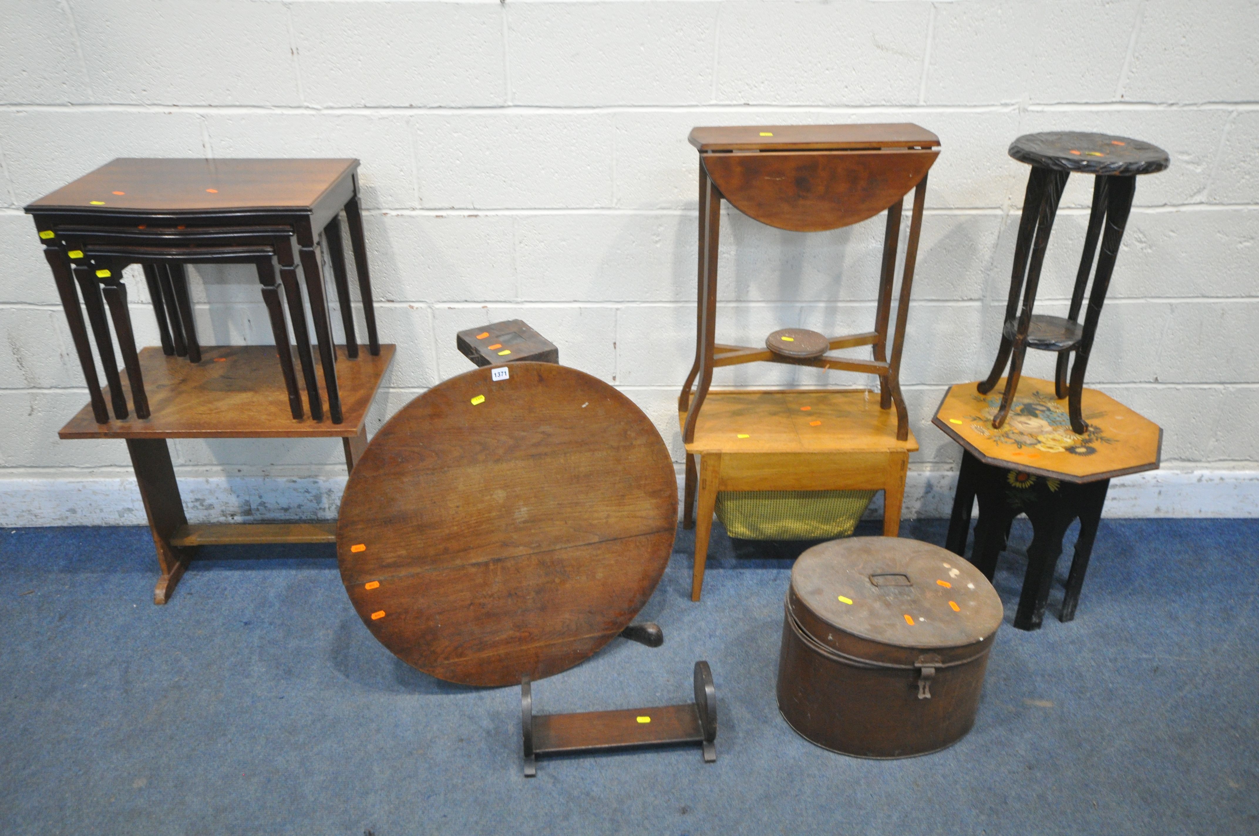 A SELECTION OF OCCASIONAL FURNITURE, to include two oak tilt top tripod tables, an oak lamp table, a