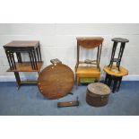 A SELECTION OF OCCASIONAL FURNITURE, to include two oak tilt top tripod tables, an oak lamp table, a