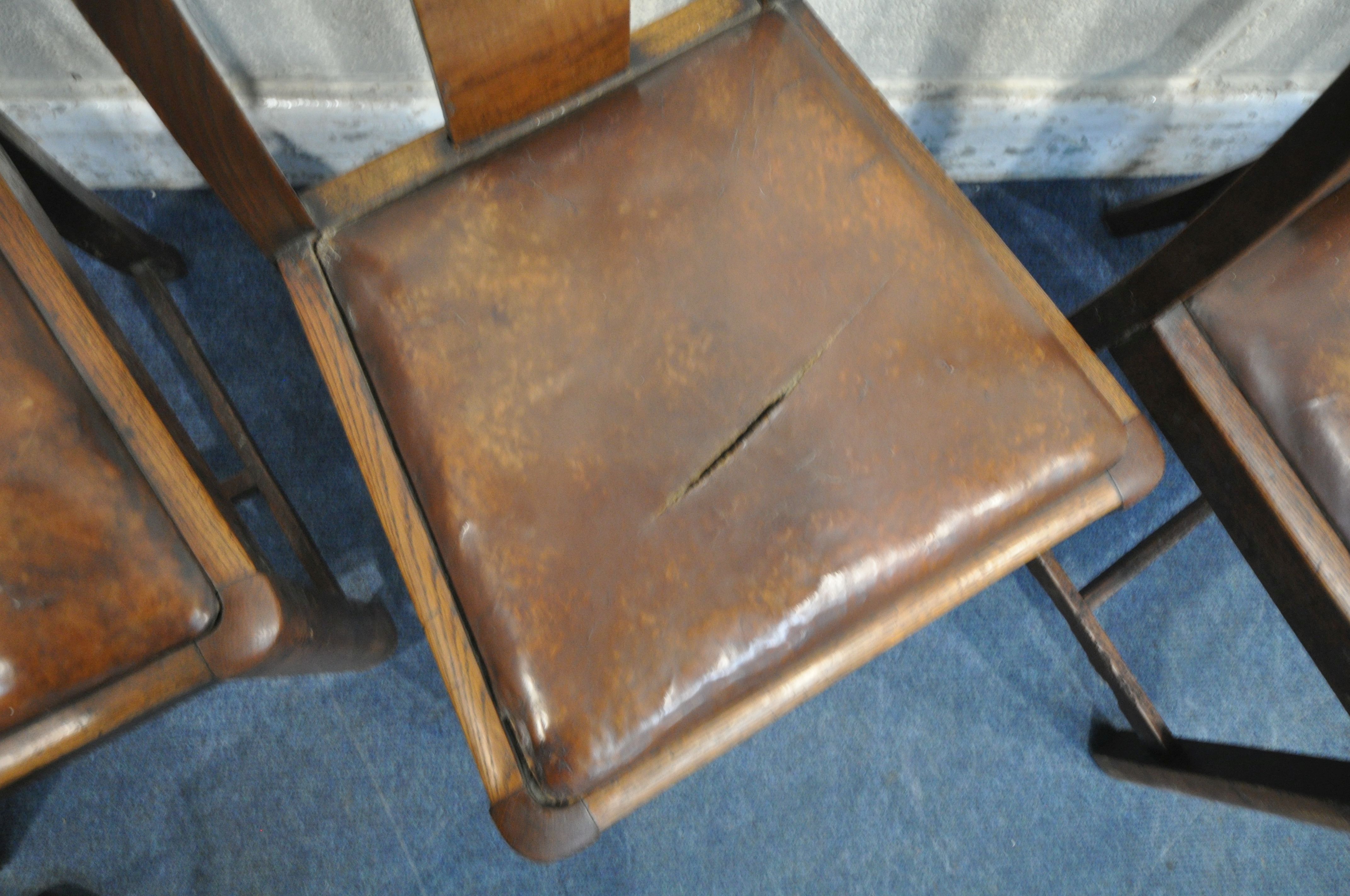 A SET OF FOUR ART DECO OAK DINING CHAIRS, with brown leather drop in seat pads (condition report: - Image 3 of 4