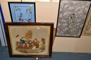 19th / 20th CENTURY NEEDLEWORK PICTURES, comprising a Chinese embroidered silk panel depicting a