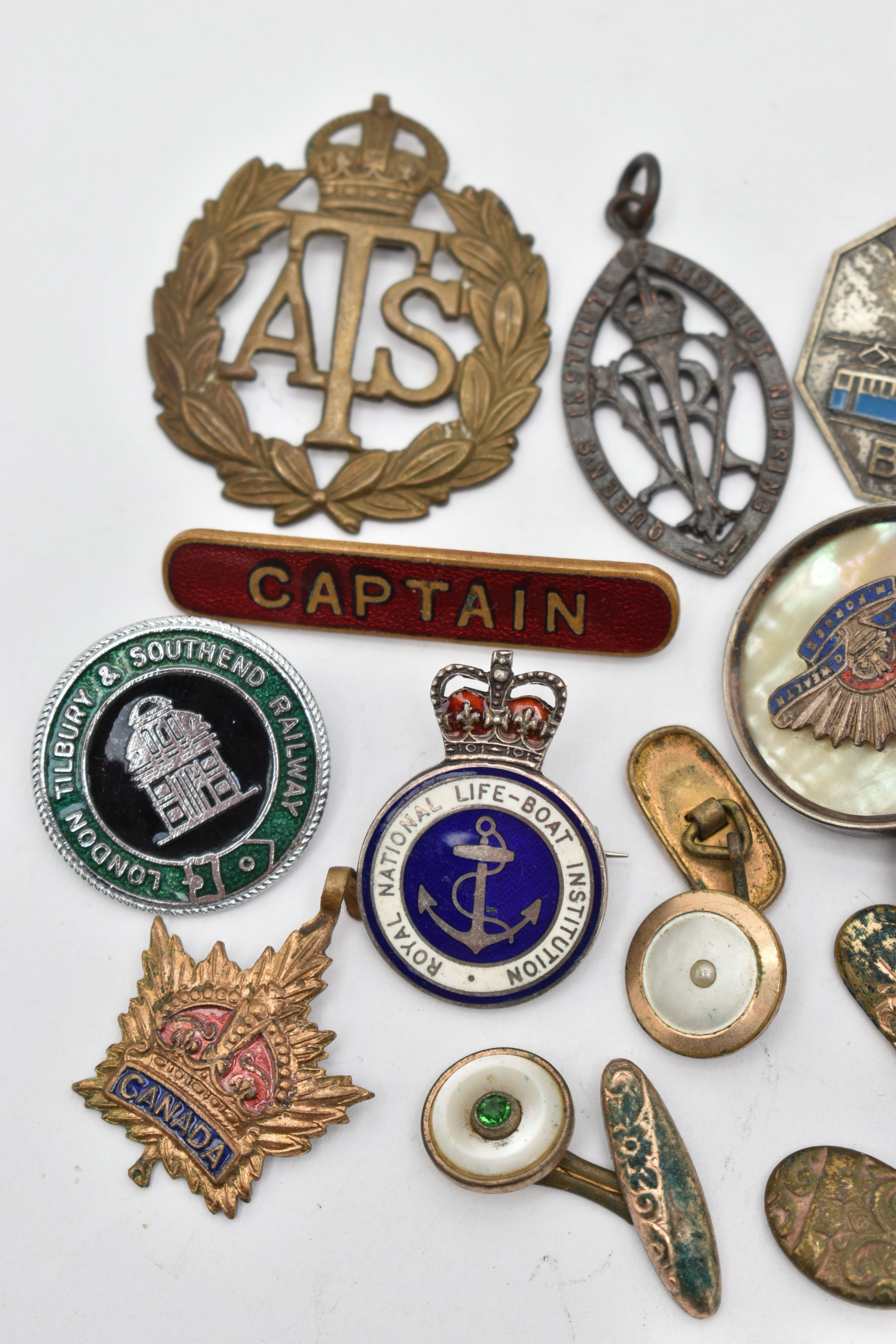 A SELECTION OF MAINLY BADGES, to include a pair of silver engine turned cufflinks, with silver - Image 2 of 4