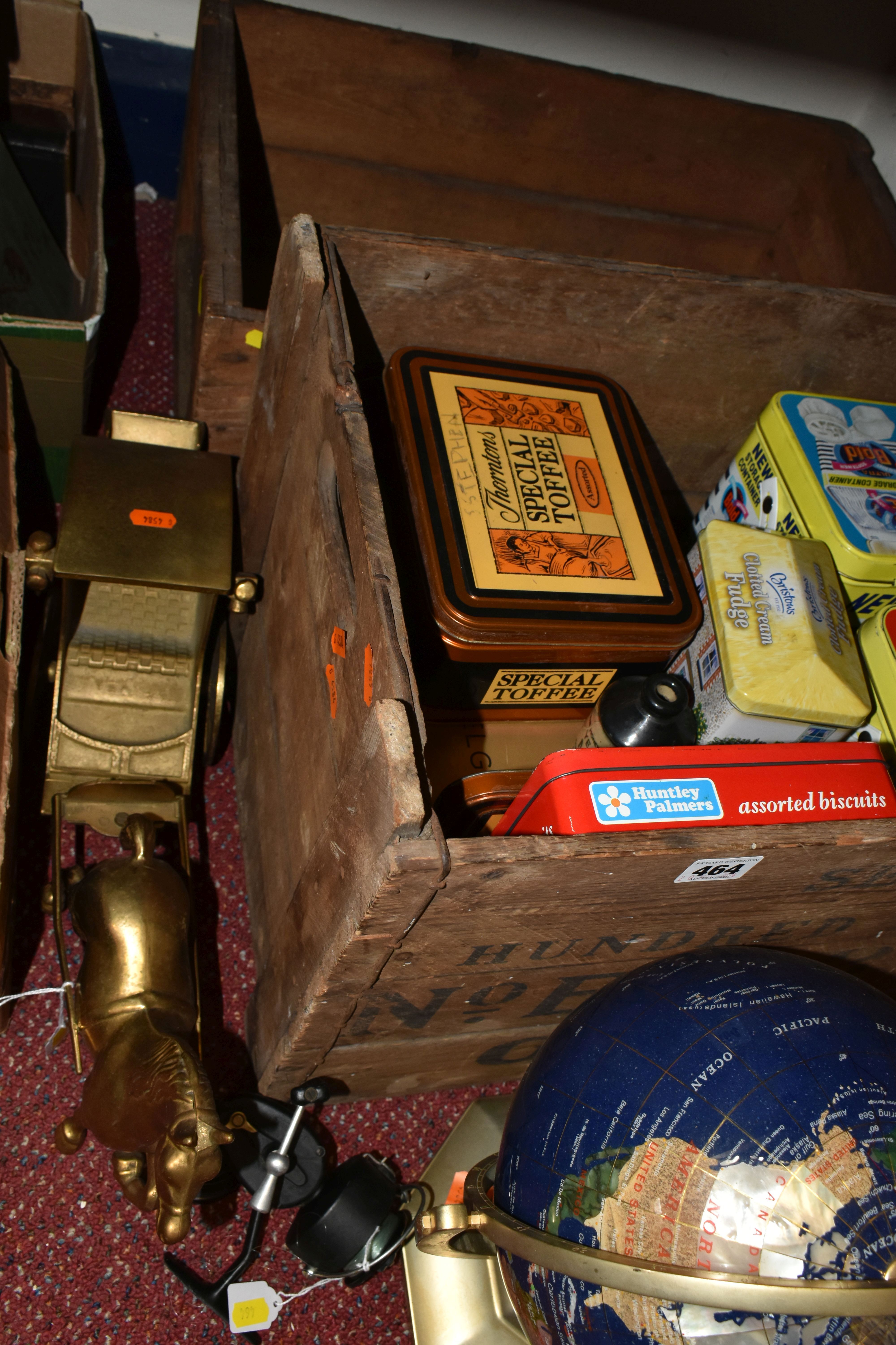 TWO WOODEN CRATES AND LOOSE ADVERTISING TINS, FISHING RODS AND SUNDRY ITEMS, to include the lower - Image 3 of 6