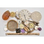 A SMALL QUANTITY OF ITEMS, to include two commemorative coins, ladies and gents watch movements