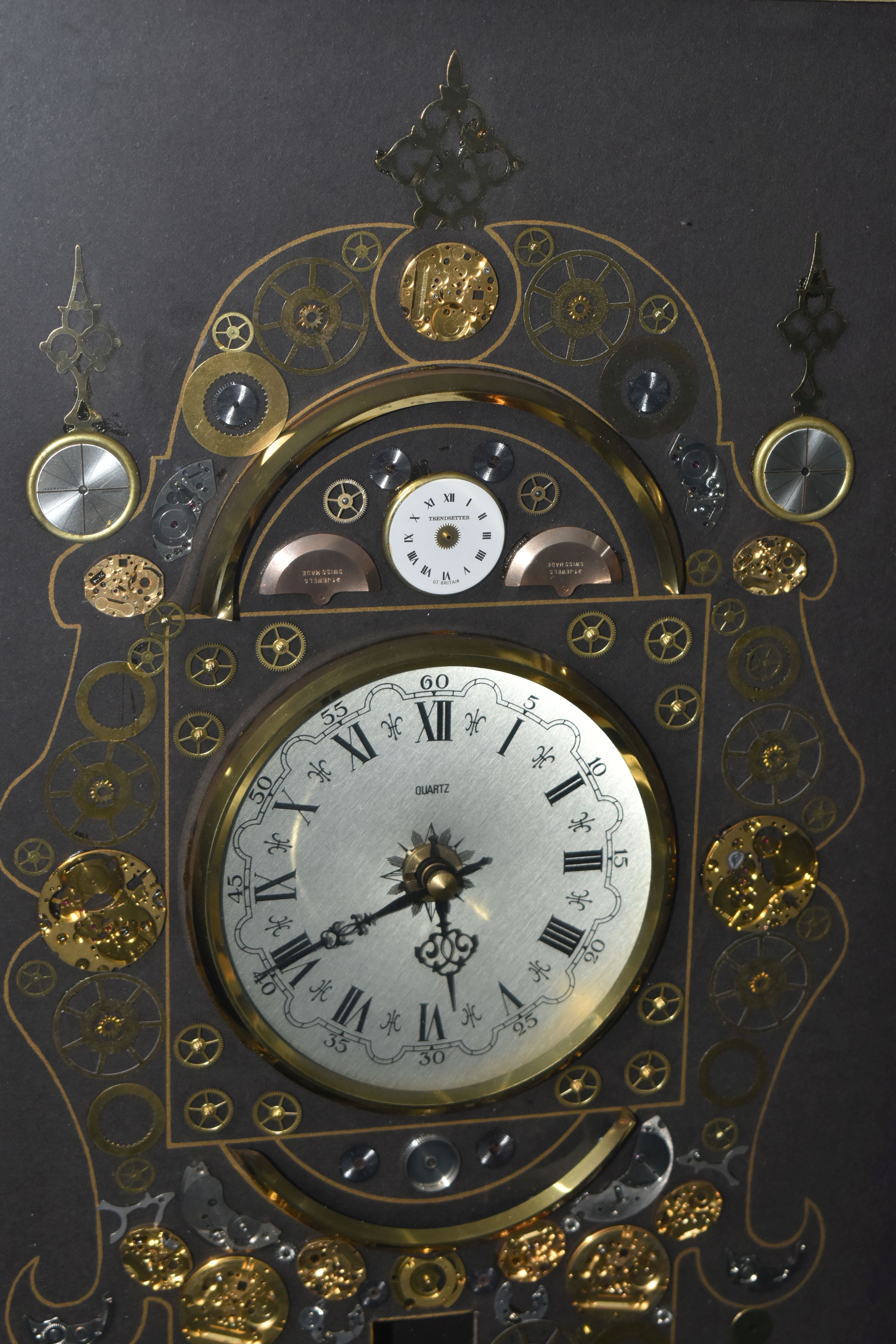 A KEN BROADBENT CLOCK MONTAGE WITH QUARTZ MOVEMENT, in a gilt frame and glazed, overall height - Image 3 of 9