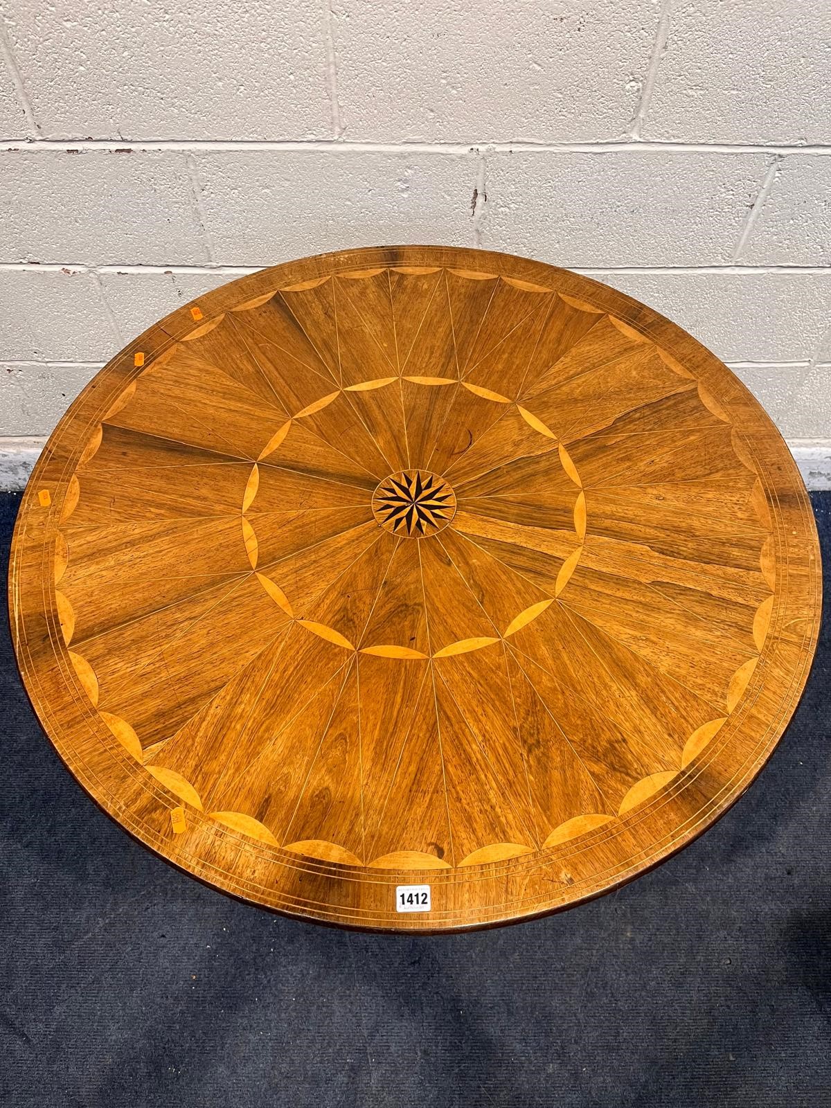 A 19TH CENTURY ROSEWOOD AND PARQUETRY INLAID CIRCULAR REVOLVING DRUM TABLE, central starburst, - Image 2 of 5