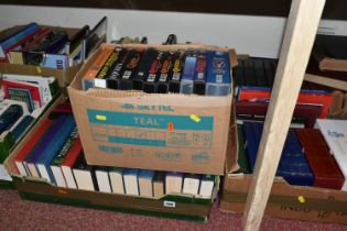 SIX BOXES OF BOOKS & ONE BOX OF VHS TAPES containing over 130 miscellaneous book titles, mostly in