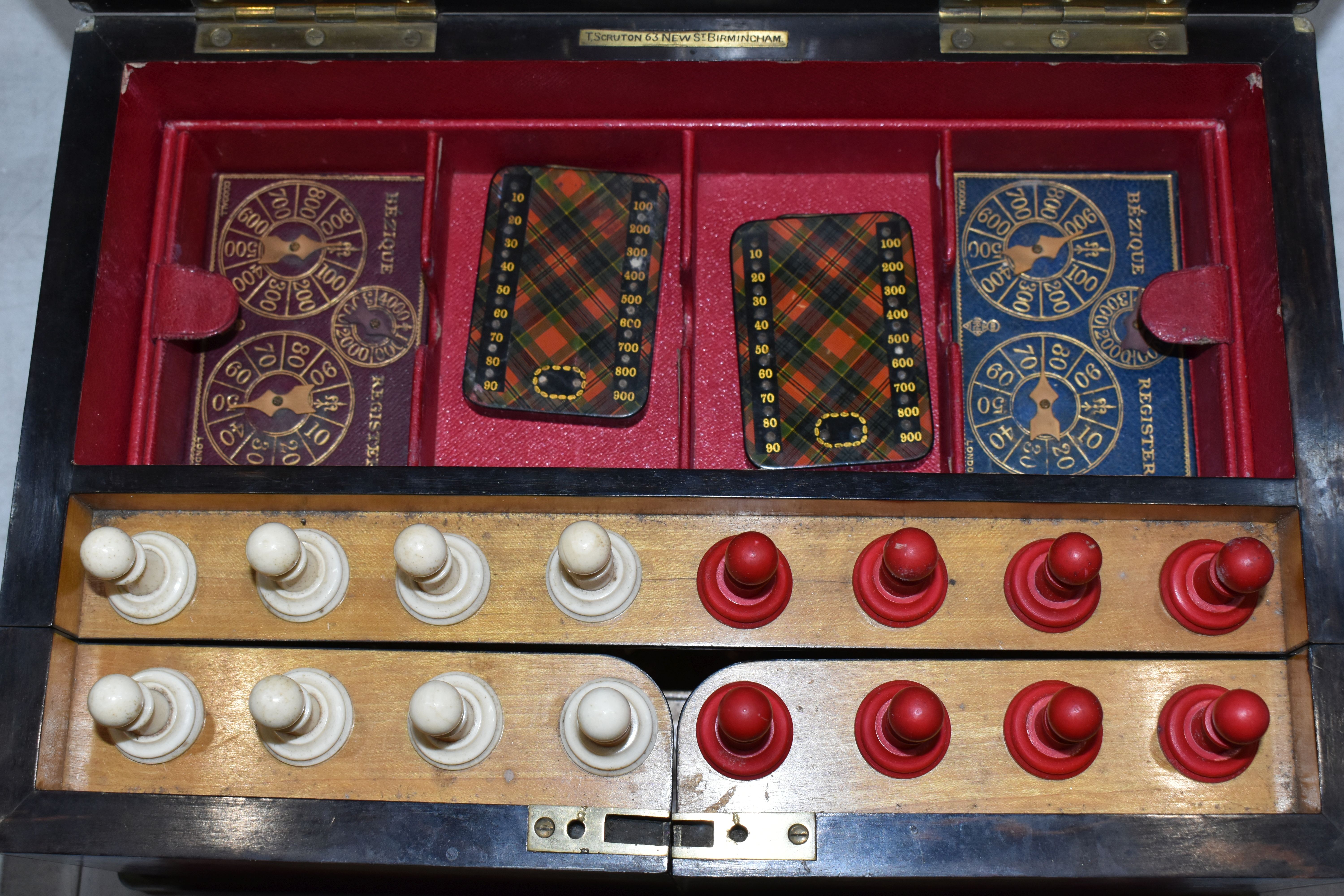 A VICTORIAN BURR WALNUT AND BRASS BOUND GAMES COMPENDIUM, the rectangular box with hinged lid with - Image 17 of 45