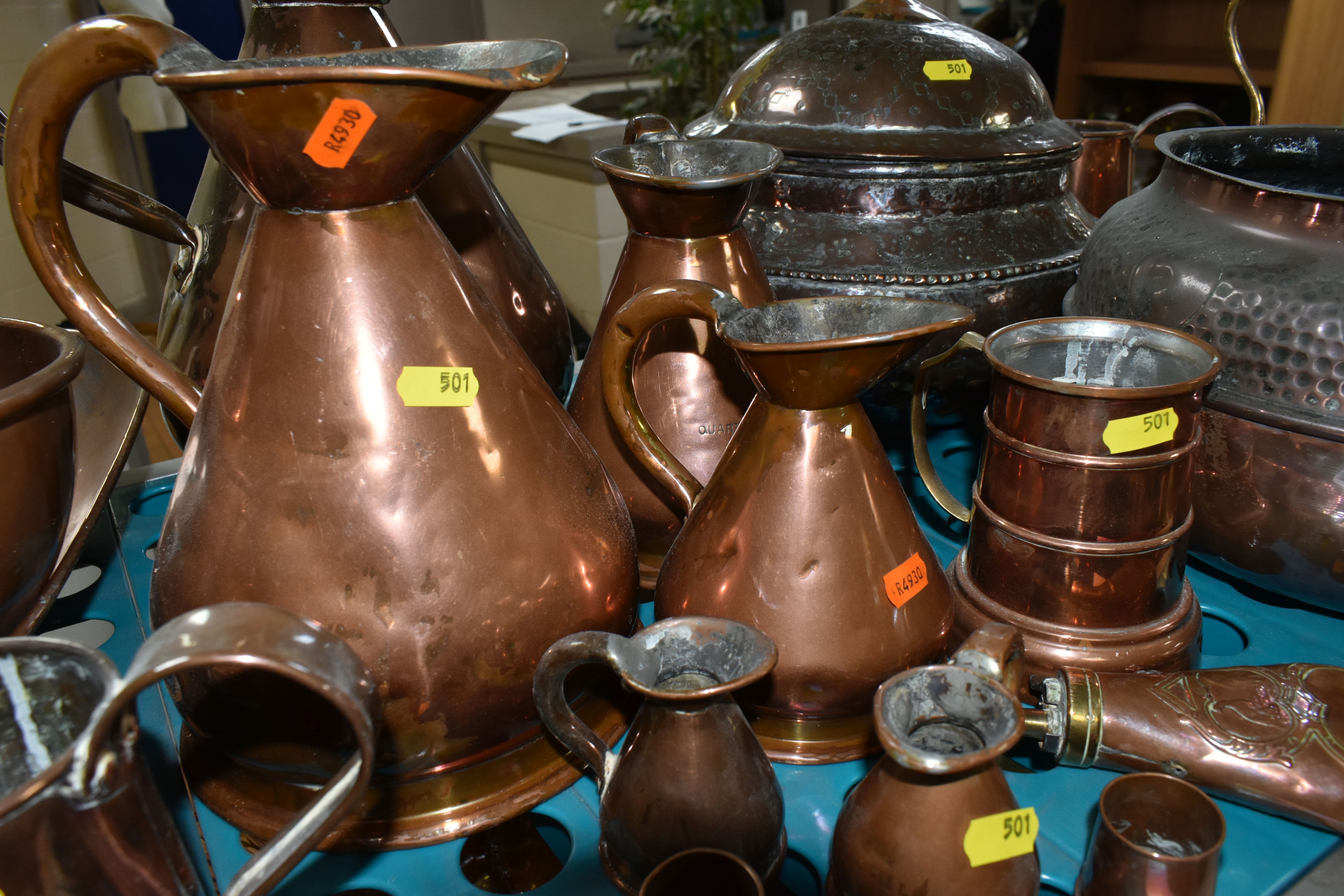 A VARIETY OF COPPERWARE, comprising a selection of measuring vessels, tankards, an 'arts and crafts' - Image 5 of 5