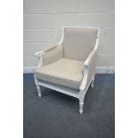 A REPRODUCTION FRENCH WHITE FRAMED AND BEIGE UPHOLSTERED ARMCHAIR (condition report: good)