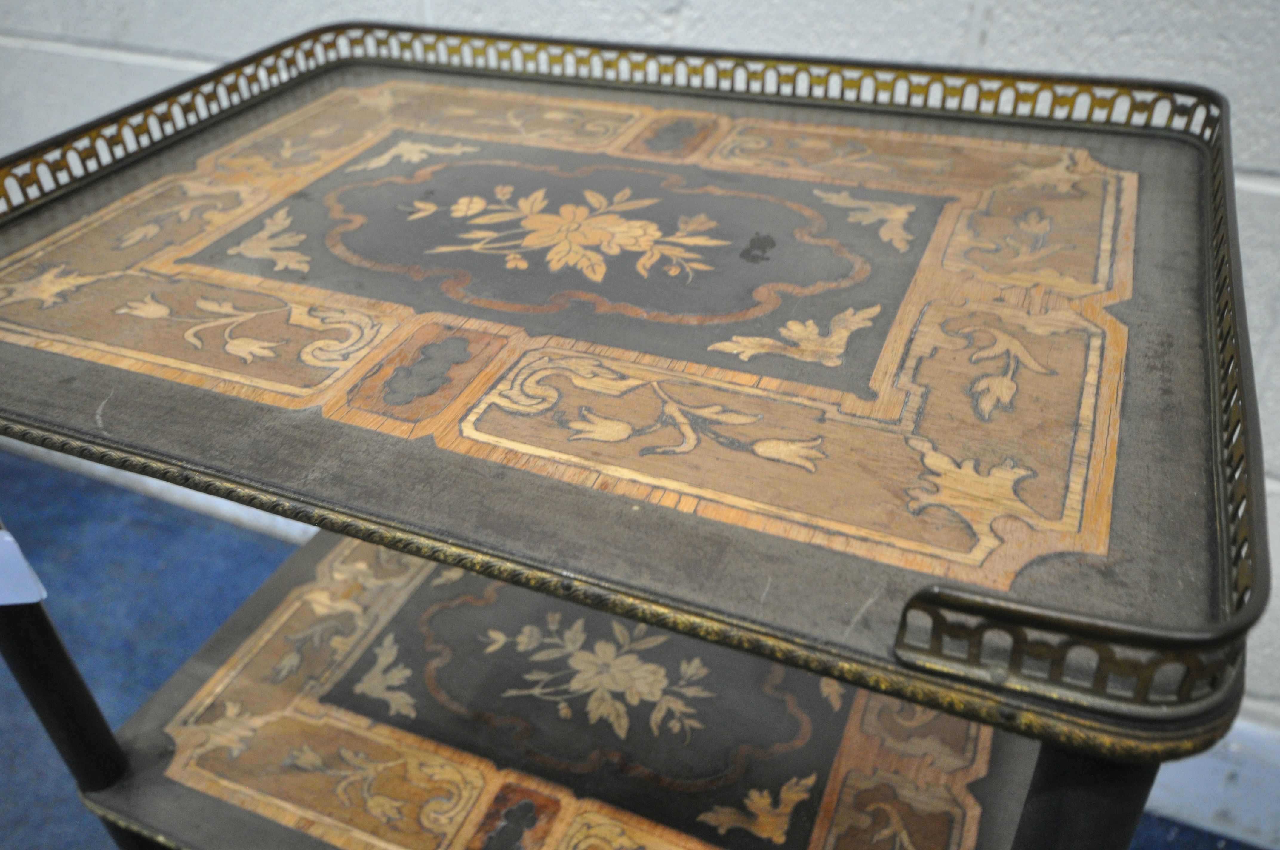 A FRENCH EBONISED AND MARQUETRY INLAID THREE TIER ETERGERE, with a pieced brass gallery top shelf, - Image 3 of 5