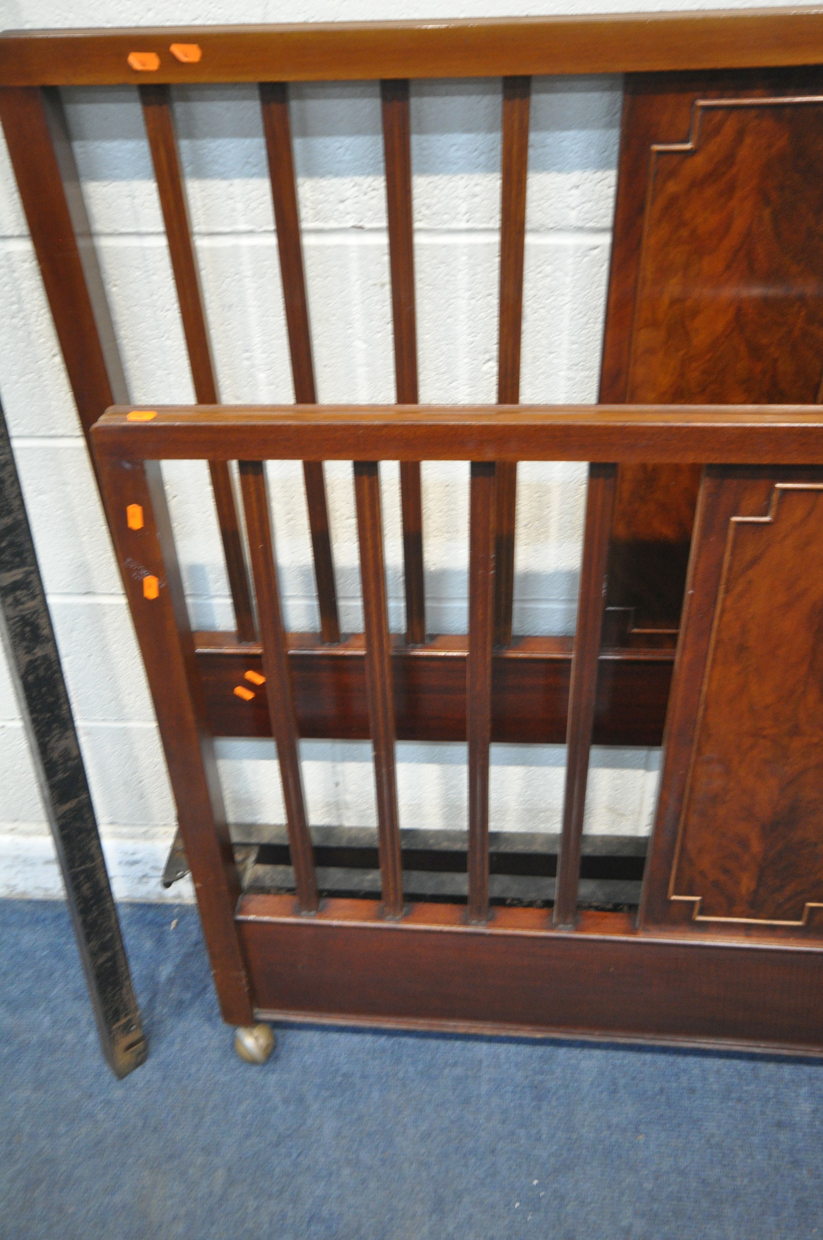 AN EARLY 20TH CENTURY MAHOGANY 4FT6 BEDSTEAD, with cast iron side rails (condition report: general - Image 2 of 3