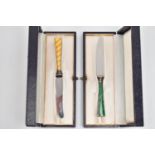 TWO CASED 'RAADVAD' DANISH TEA KNIVES, with guilloche enamel detail, approximate length 116mm,