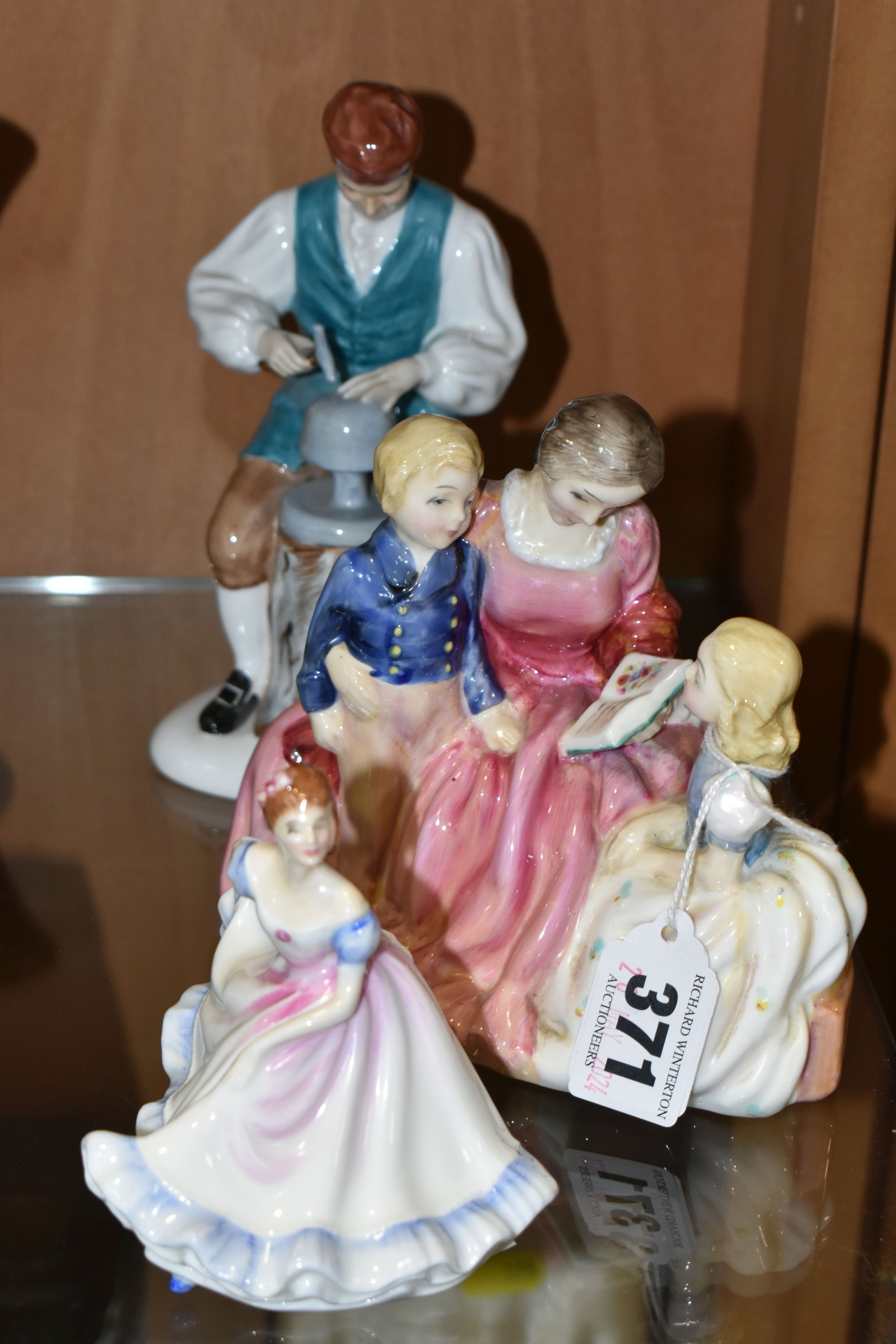 A GROUP OF THREE ROYAL DOULTON FIGURES, comprising 'Bedtime' HN2059 figural group (cracked base), '