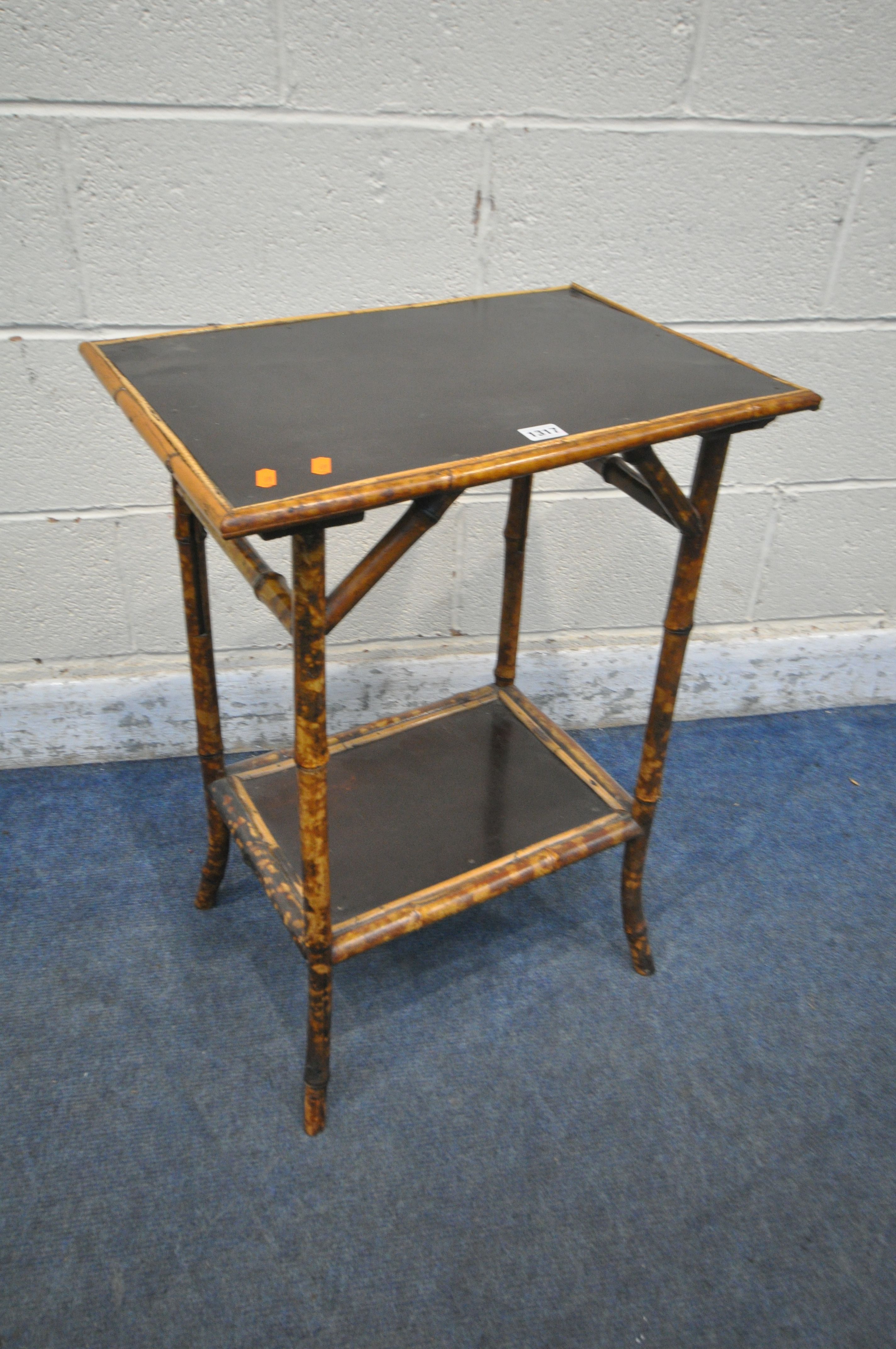 A BAMBOO OCCASIONAL TABLE, with an ebonised top, width 53cm x depth 37cm x height 72cm (condition