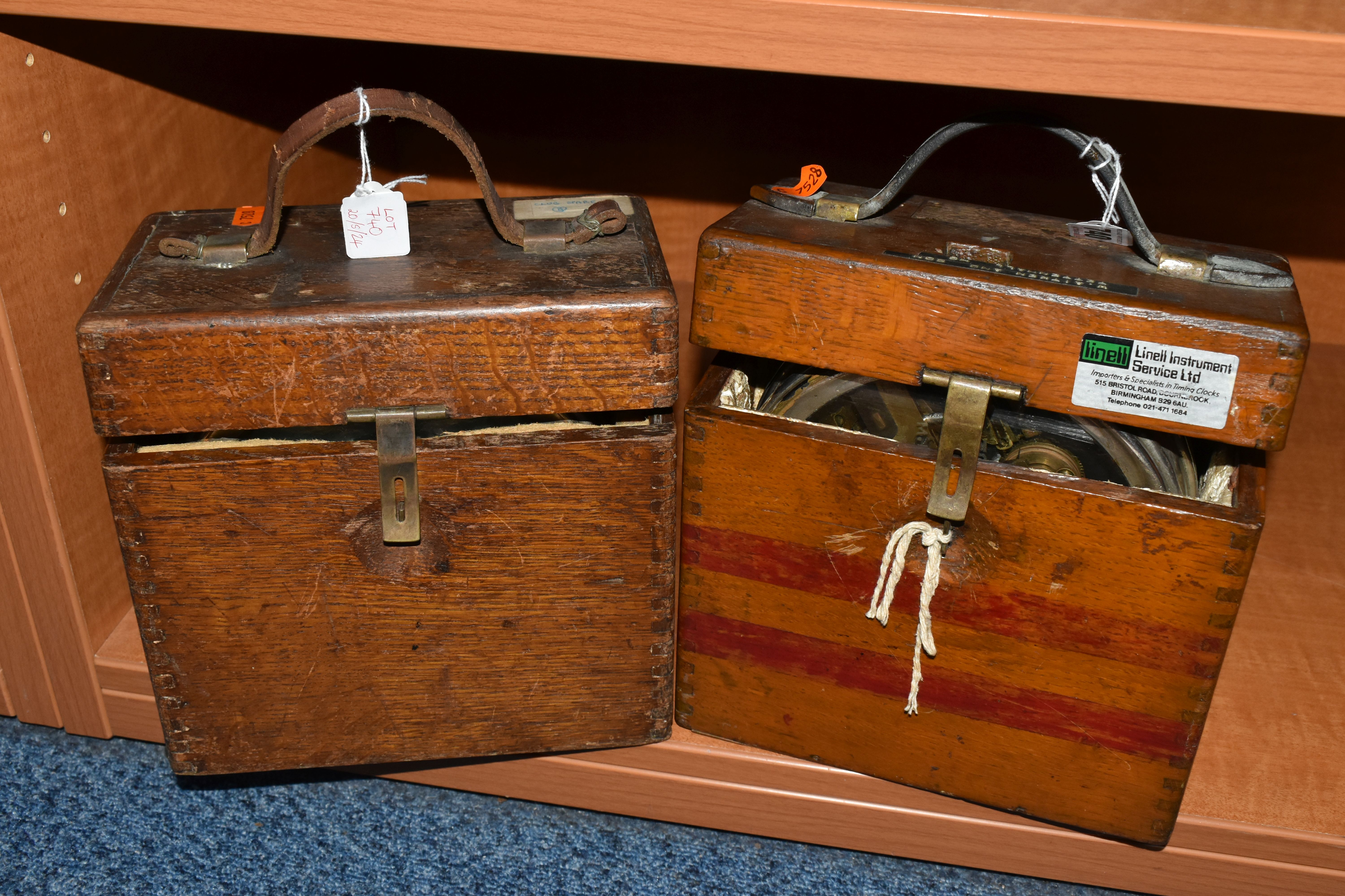 TWO VINTAGE OAK CASED PIGEON CLOCKS, one with Toulet branding to glass, clock no.127680, the other - Image 6 of 6