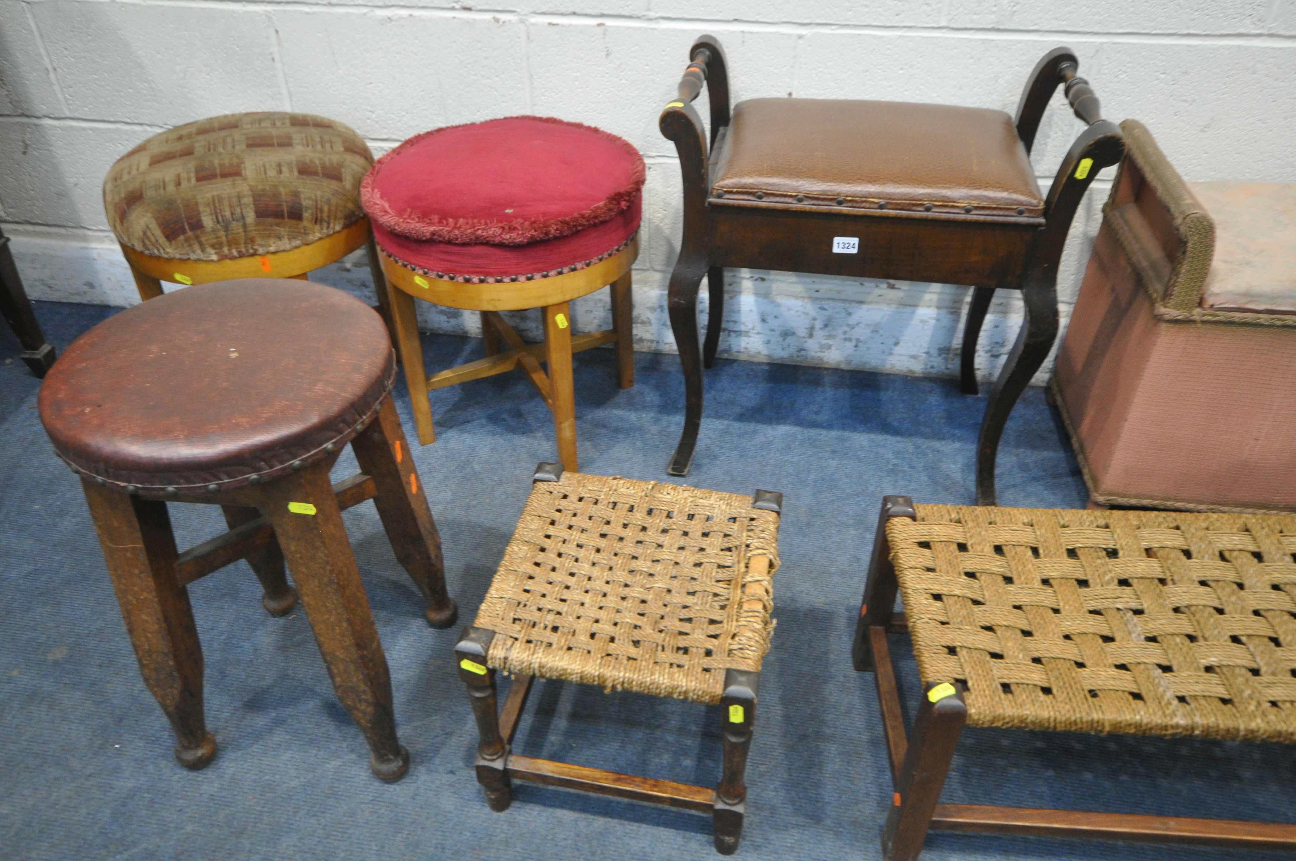A SELECTION OF VARIOUS STOOLS, to include a piano stool, two cylindrical stools, two pine/beech - Image 2 of 4