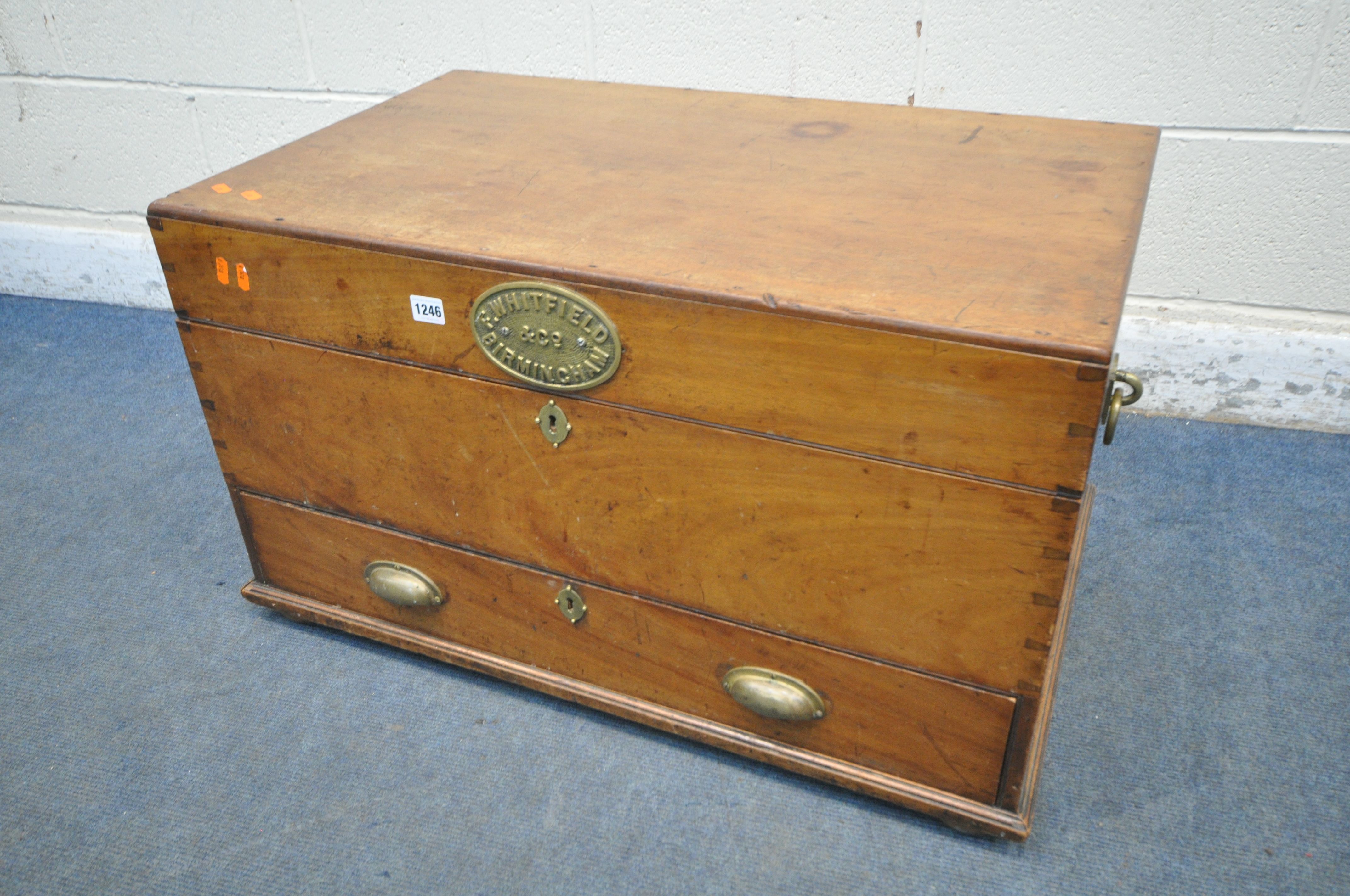 A LATE 19TH CENTURY WALNUT BLANKET CHEST, bearing a brass label reading Whitfield & Co,