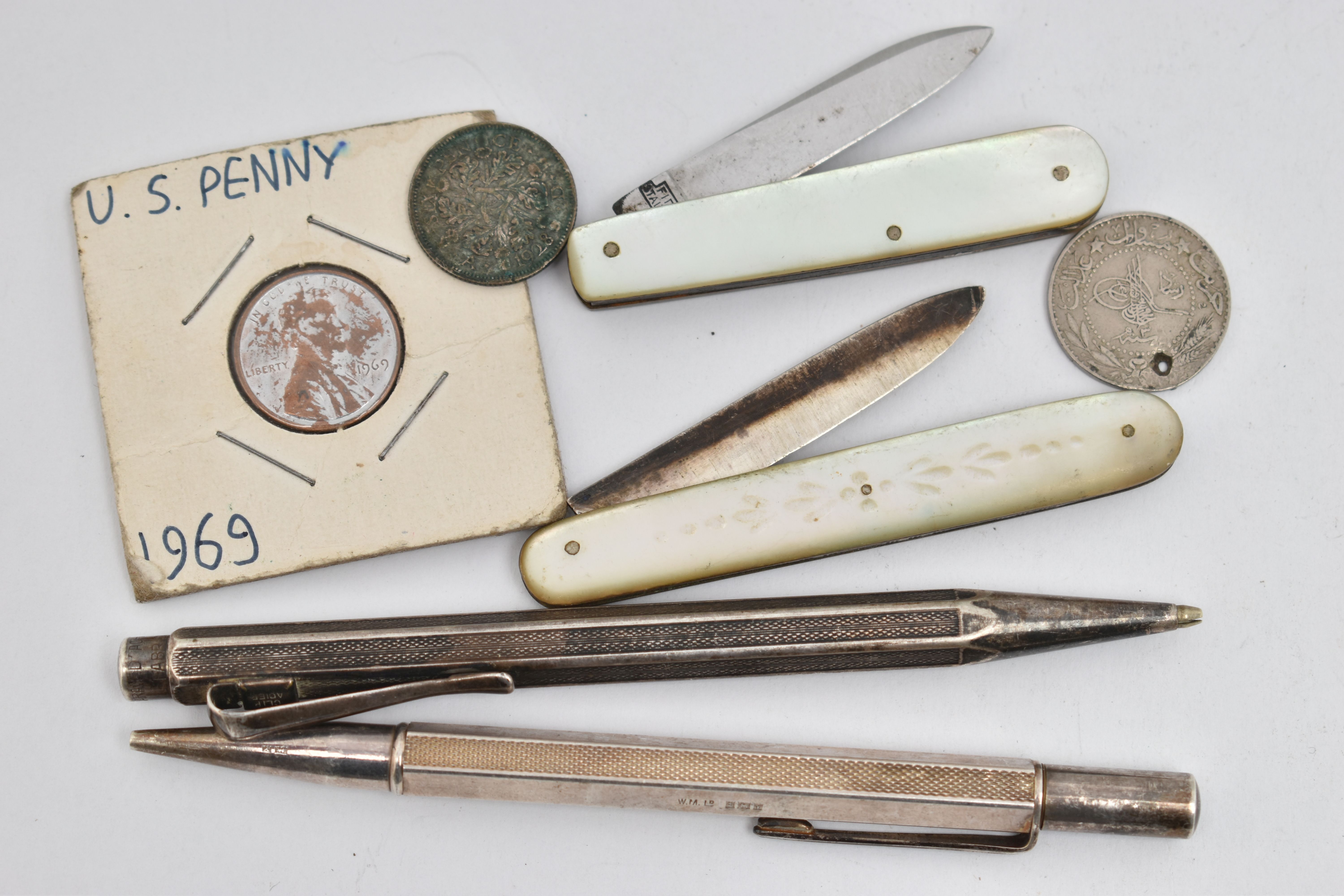 A SELECTION OF ITEMS, to include two engine turned pens, one with silver hallmark, stamped WM Ltd, - Image 2 of 2