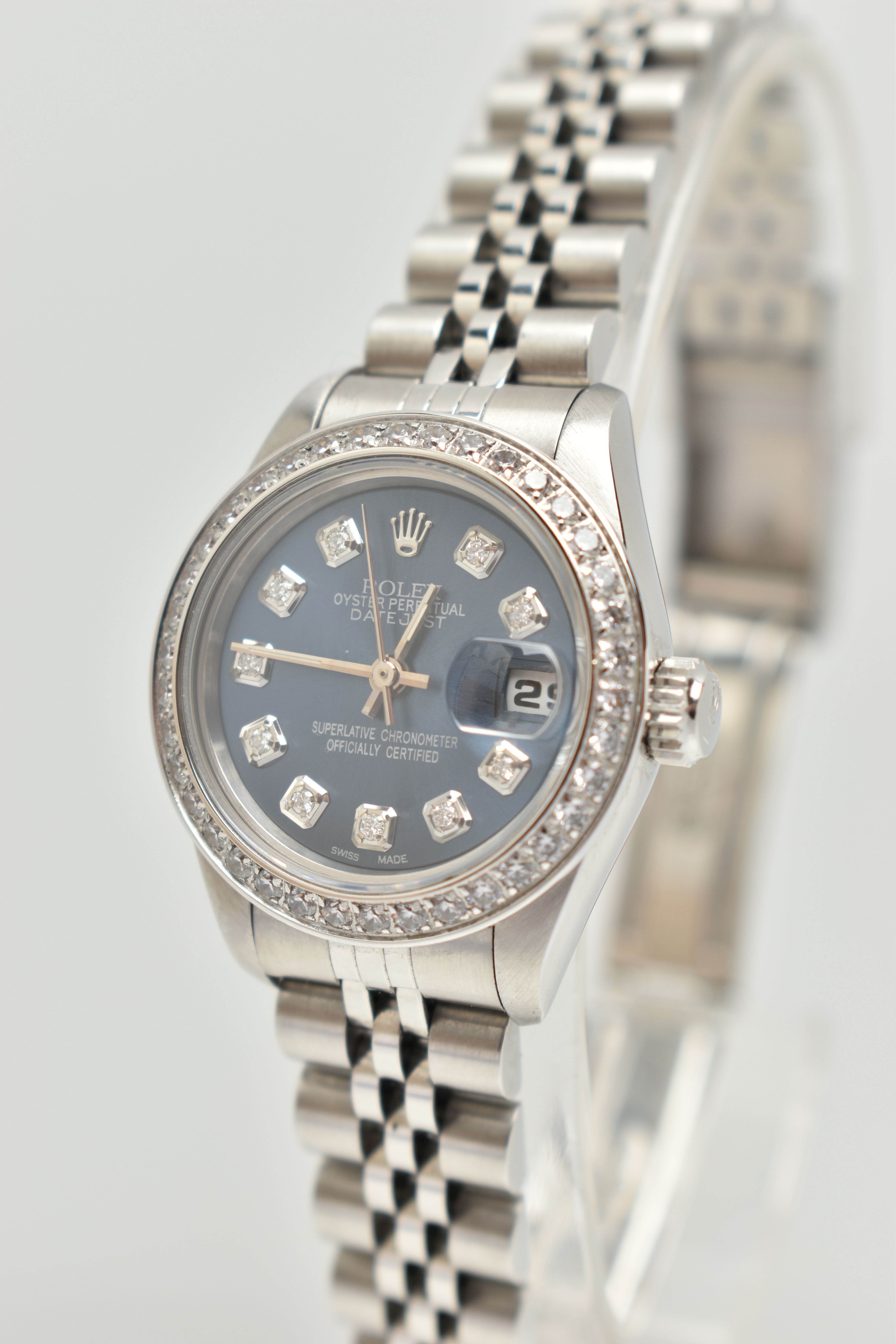 A LADIES BOXED 'ROLEX OYSTER PERPETUAL DATEJUST' WRISTWATCH, manual wind, round blue dial signed ' - Image 2 of 10