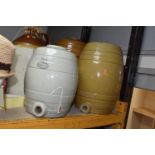 A GROUP OF SALT GLAZED EARTHENWARE ALE/BEER BARRELS AND FLAGON, comprising a 2 gallon barrel made by