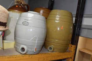 A GROUP OF SALT GLAZED EARTHENWARE ALE/BEER BARRELS AND FLAGON, comprising a 2 gallon barrel made by