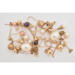 AN ASSORTMENT OF EARRINGS, ten pairs of yellow metal earrings, four pairs set with imitation pearls,