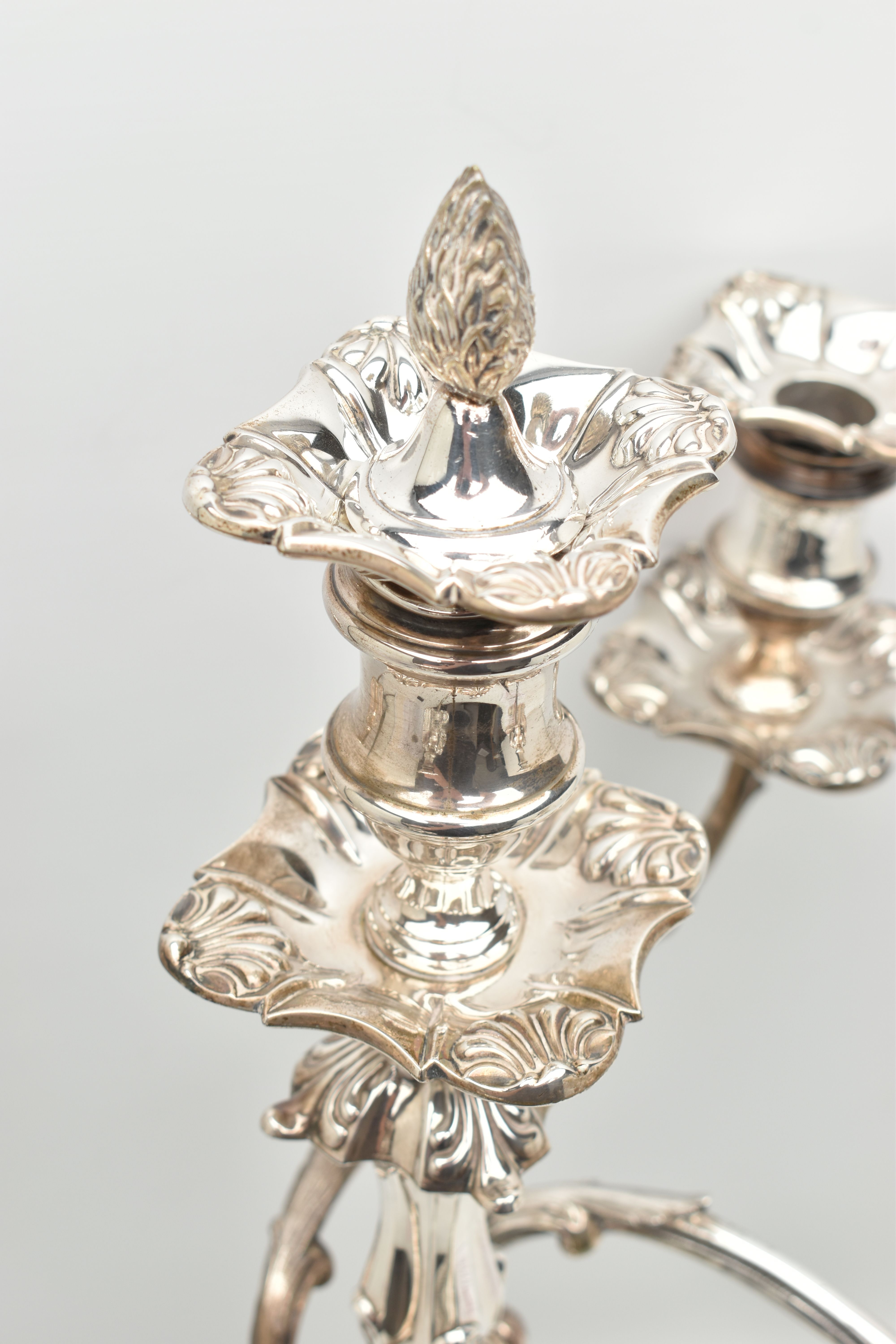 A GEORGE V SILVER FIVE LIGHT CANDELABRUM IN GEORGE II STYLE, with removable shaped square drip pans, - Image 4 of 13