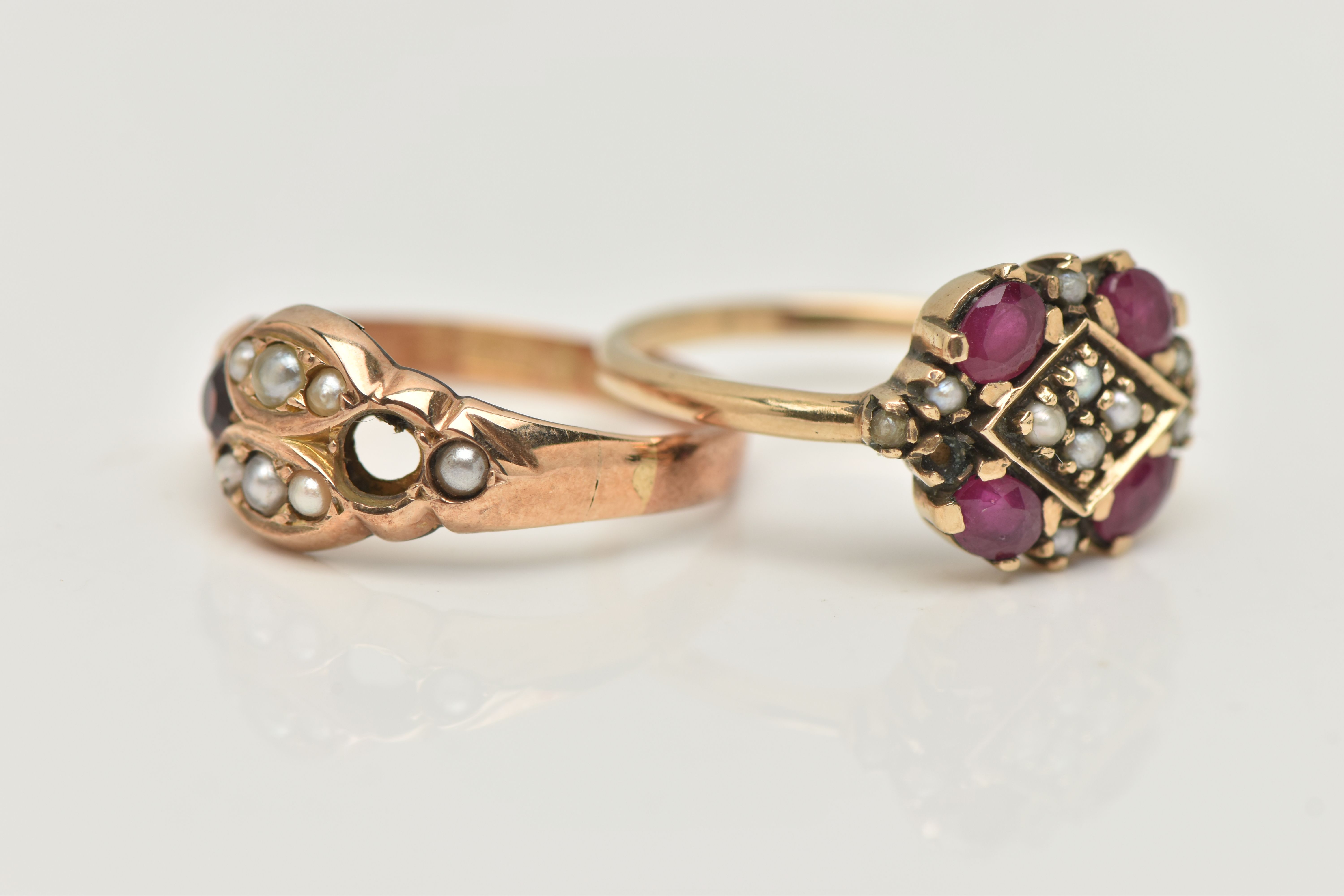 TWO 9CT GOLD GEM SET RINGS, the first set with four oval shape treated rubies and split pearls, - Image 3 of 4