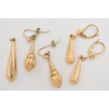 A SMALL SELECTION OF EARRINGS, the first a yellow gold pair of drop earrings with lever fittings,