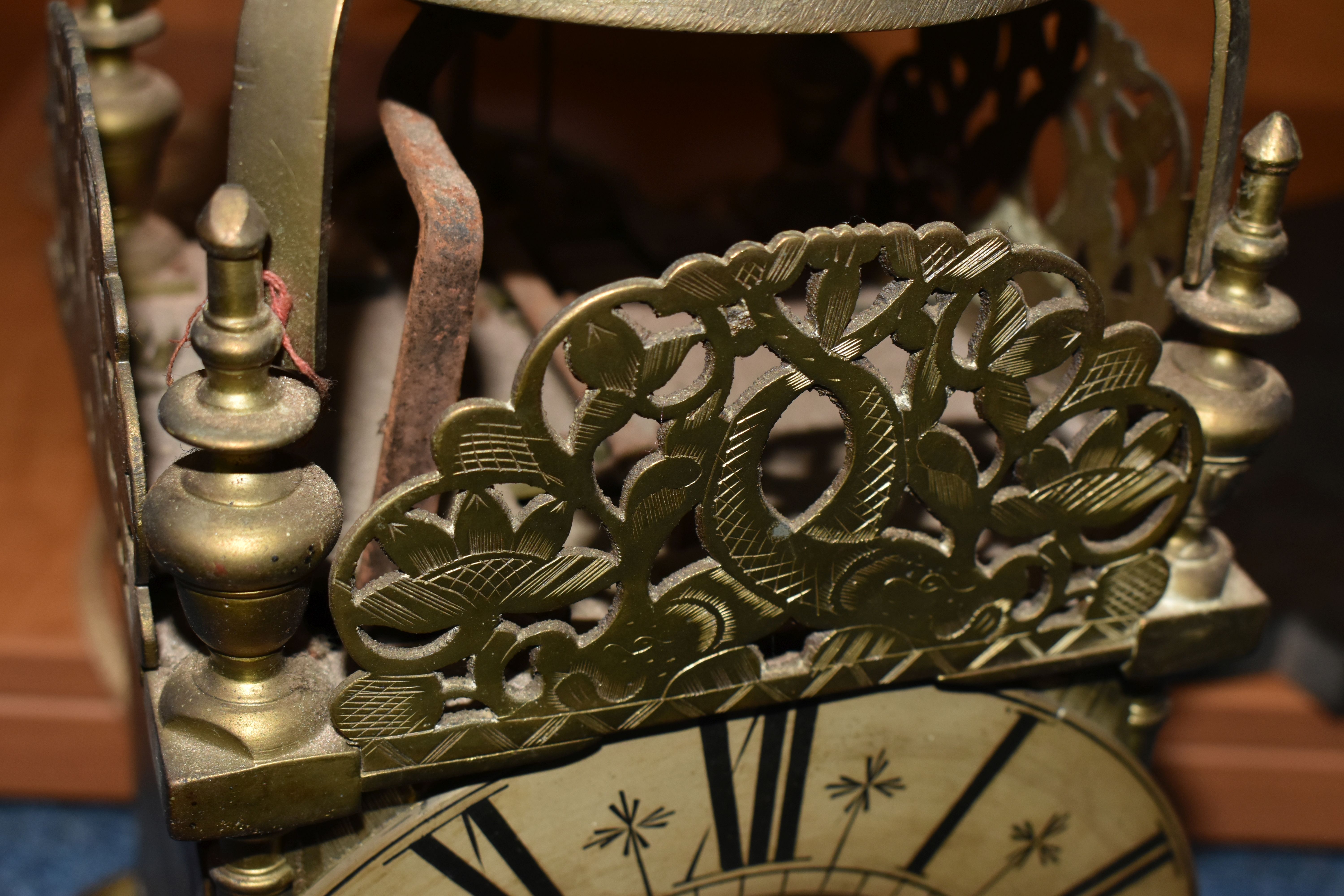 A 17TH CENTURY STYLE BRASS LANTERN CLOCK, four posted case with side doors and side frets, - Image 10 of 11