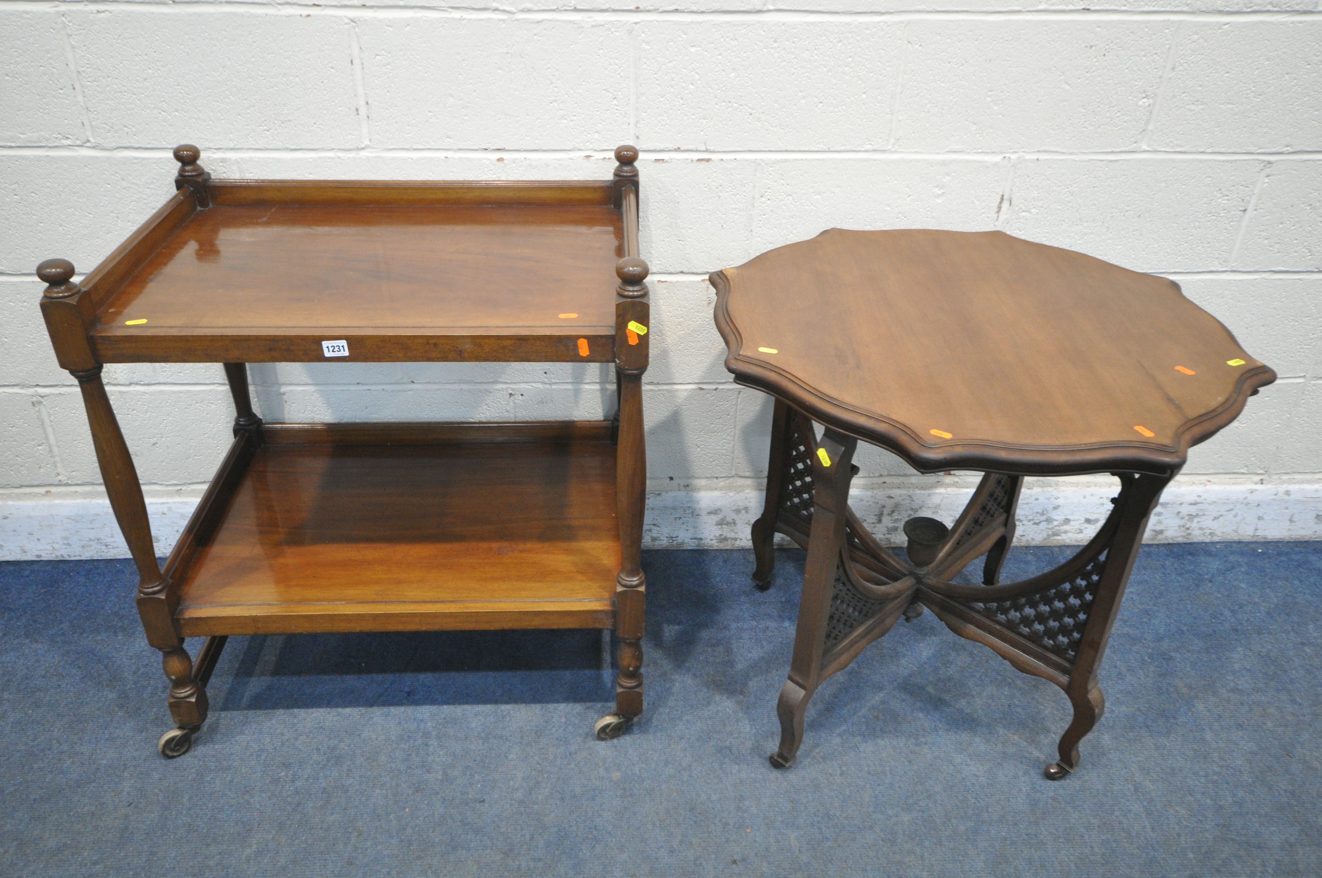 A MAHOGANY TWO TIER TROLLEY, width 76cm x depth 54cm x height 87cm, a mahogany centre table, and