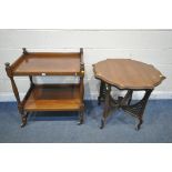 A MAHOGANY TWO TIER TROLLEY, width 76cm x depth 54cm x height 87cm, a mahogany centre table, and