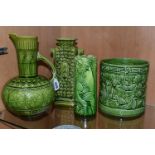 FOUR PIECES OF GREEN GLAZED POTTERY, comprising a Lear green glazed jug marked 'Lear 145', a Lear