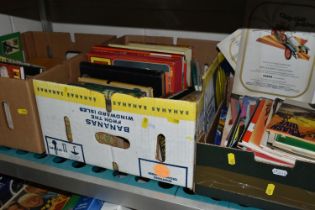 THREE BOXES OF BOOKS & EPHEMERA, book subjects include transport, annuals, Fred Dibnah, boy's