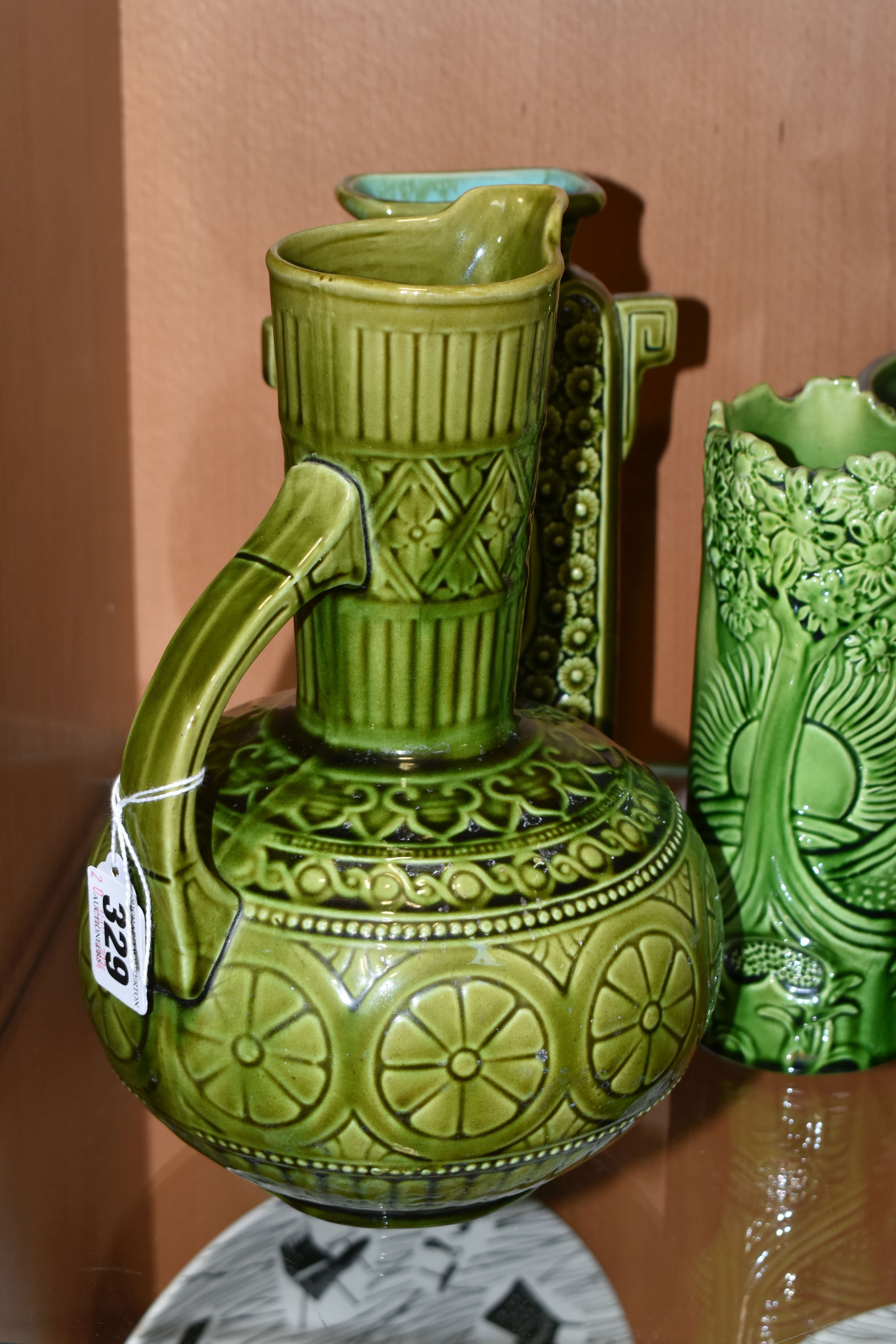 FOUR PIECES OF GREEN GLAZED POTTERY, comprising a Lear green glazed jug marked 'Lear 145', a Lear - Image 4 of 9